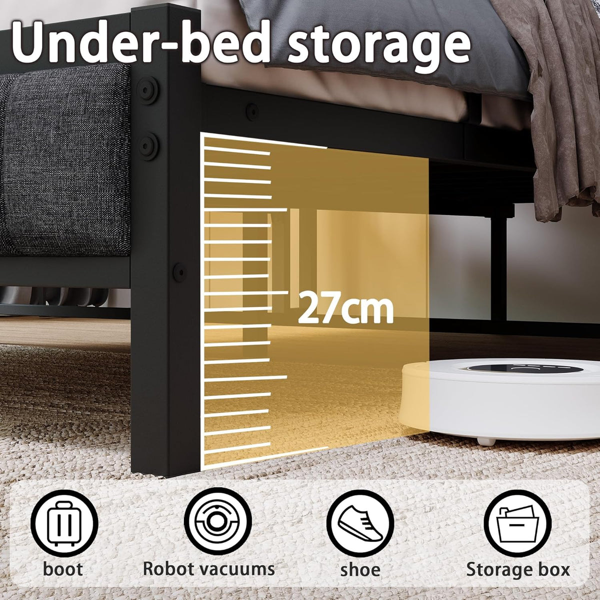 Bed met lattenbodem van metaal, bedframe met hoofdeinde en laadstation (zwart + grijs, 140x200)
