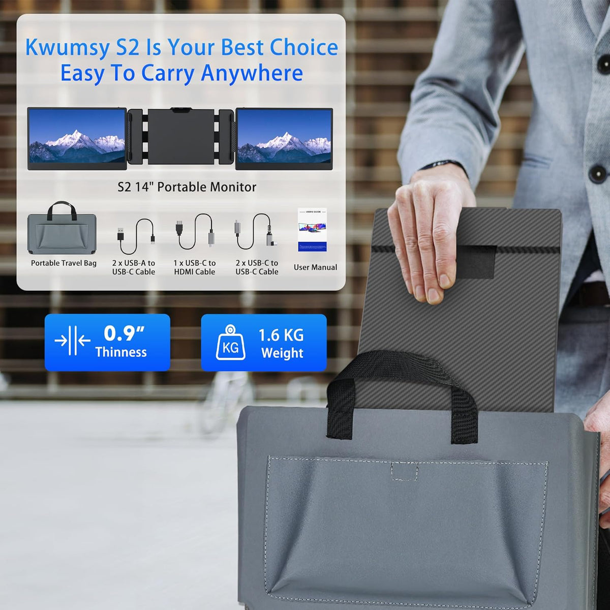 Kwumsy Portable Monitor For Laptop-14" Full HD 1080p Display Dual Triple Monitor Screen Extender,Compatible With Windows/Mac/Chrome For 13''-17.3'' Maximum Width 405mm Laptops. - QUORE