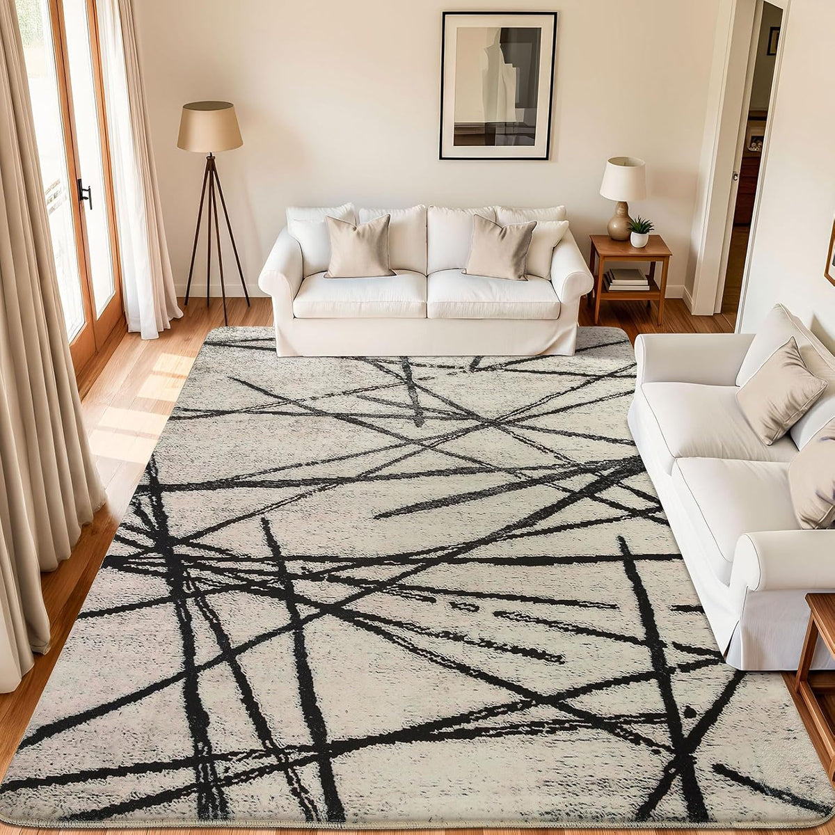 Vloerkleed Voor Woonkamer, Artistiek Bohemian Tapijt, Slaapkamer, Zacht, Modern, Beige, Laagpolig, Abstract, Lineair Geometrisch Patroon, Antislip (Beige, 200 x 250 cm)