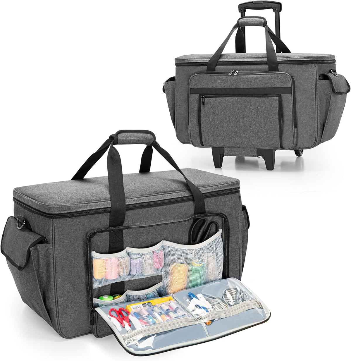 CURMIO Borduur- en Naaimachine Draagtas met Wielen, Rolbare Borduurmachine Tote Bag met Ondersteunende Bodemplaat voor Borduurmachine en Naaibenodigdheden, Grijs