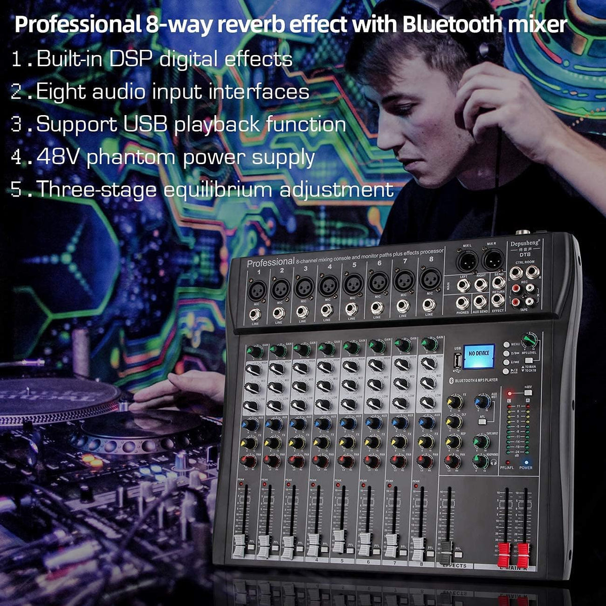 8-Kanaals Mixer Zwart – Mengpaneel, Mengtafel, Geluidsmixer, Mixconsole – Bluetooth, USB En MP3 – 48V Fantoomvoeding En 3-Bands EQ