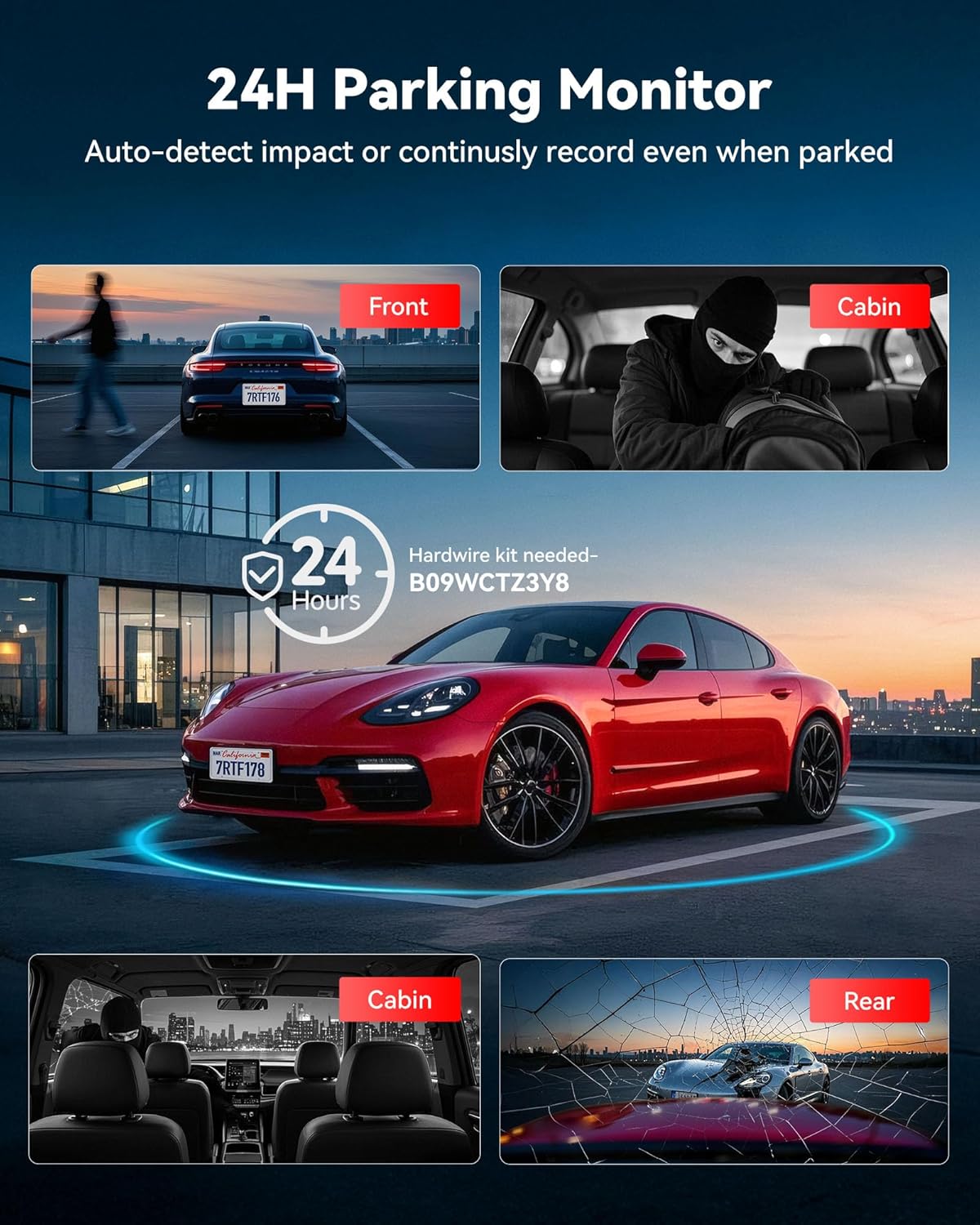 4-Kanaals Dashcam – Autocamera – Rijcamera – Parkeercamera – Autorijcamera – 2.7K Voorcamera – 360° Draaibare Achtercamera
