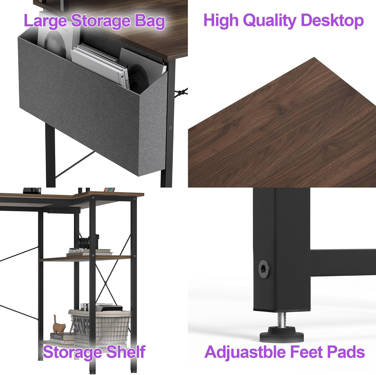 BEXEVUE L-vormig Hoekbureau Stopcontacten LED - 120x70 cm Hoekcomputerbureau Schrijftafel, Omkeerbare Grote Opbergplanken, Boekenplank Werkstation voor Studie Speel Werk Slaapkamer Thuis Kantoor