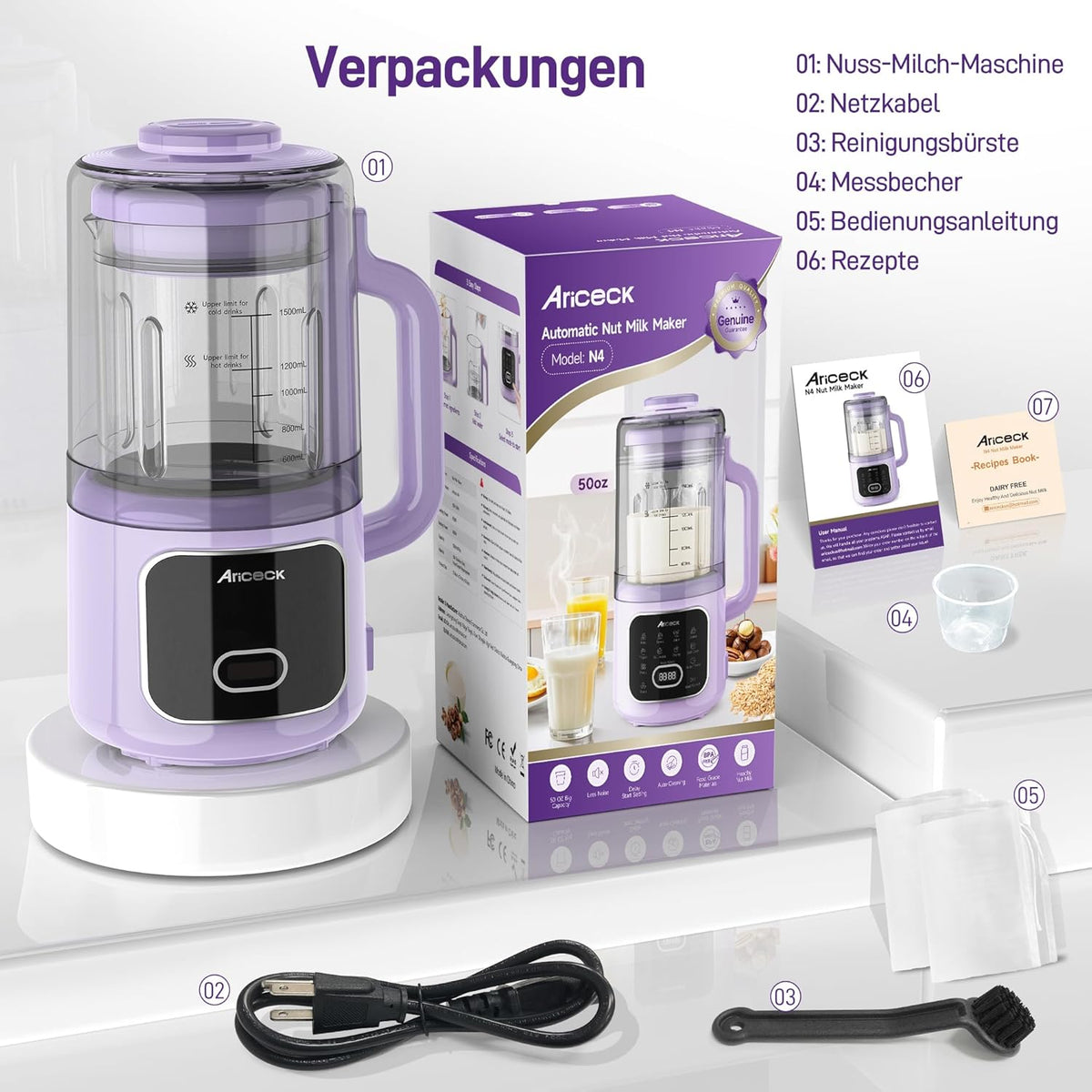 N4 Sojamelkmachine met zelfreinigende functie, ideaal voor amandelmelk, sojamelk en smoothies, 800 W krachtige motor, inclusief receptenboek, BPA-vrij