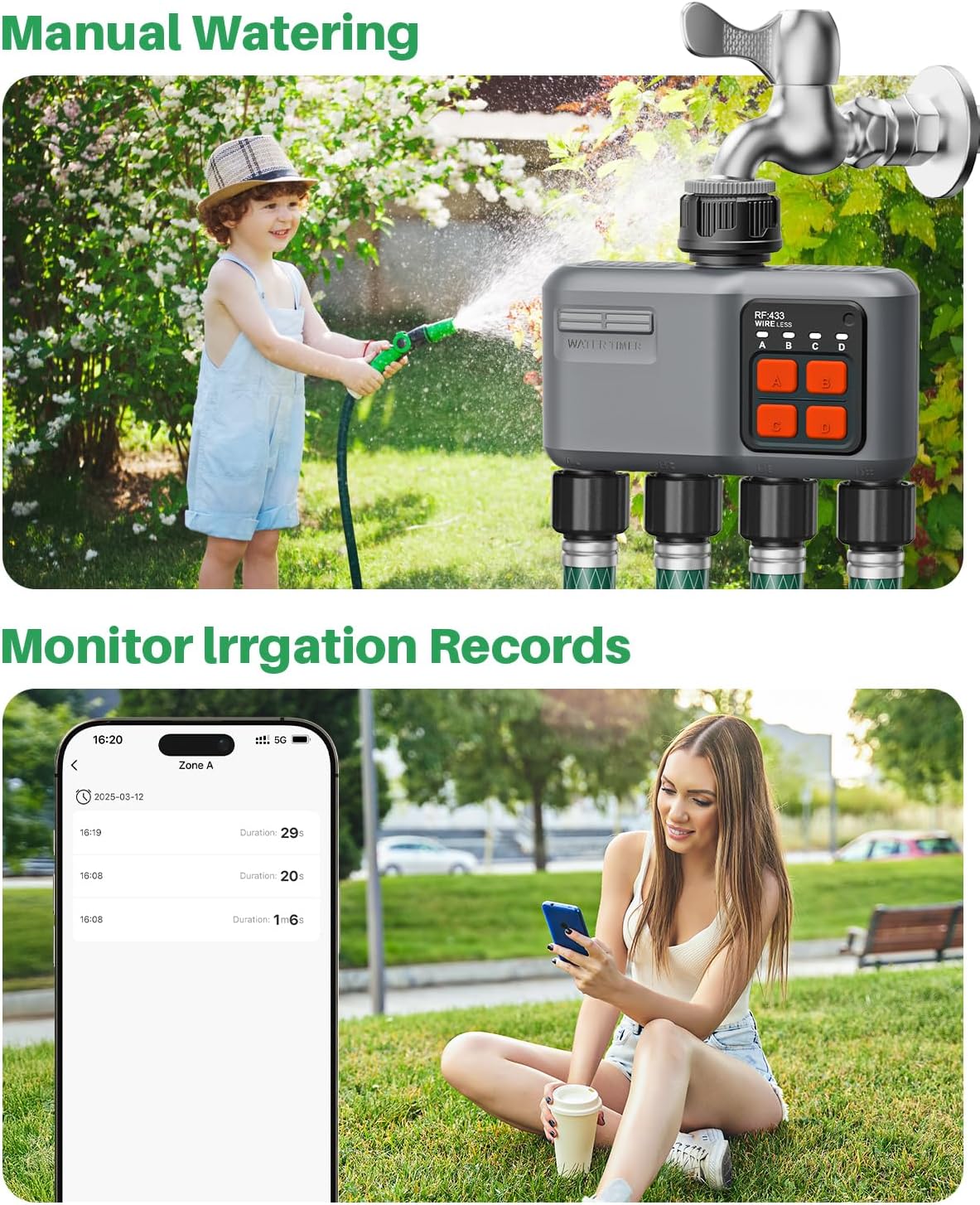 Wifi-irrigatieprogrammeerder, 4 uitgangen met gateway, RF-technologie 300 m, automatische irrigatietimer voor tuinirrigatie, compatibel met Alexa en Smart Life app
