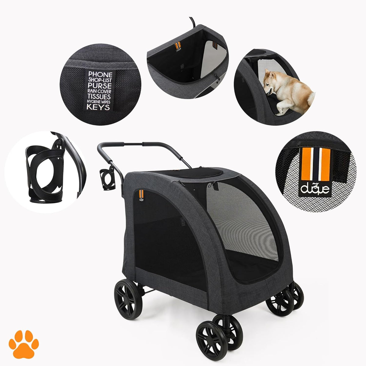 hondenwagen Chester - hondenbuggy voor grote honden, kattenbuggy, ruim, comfortabel trolley, opvouwbaar, incl. regenhoes, drinkbushouder, max. belasting 50 kg, kleur grijs