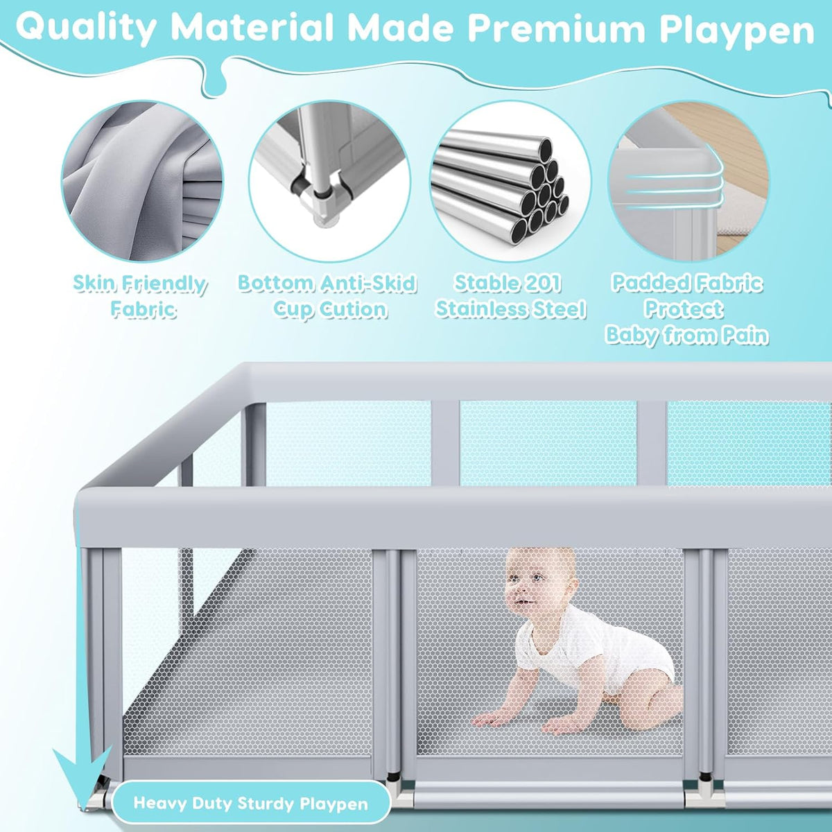 188cm×50" Large Baby Playpen Baby Playground for Babies and Toddlers, Baby Fence Play Pins for Indoor & Outdoor, Sturdy Safety Playground with Soft Breathable Mesh, Anti-Fall, Grey - QUORE