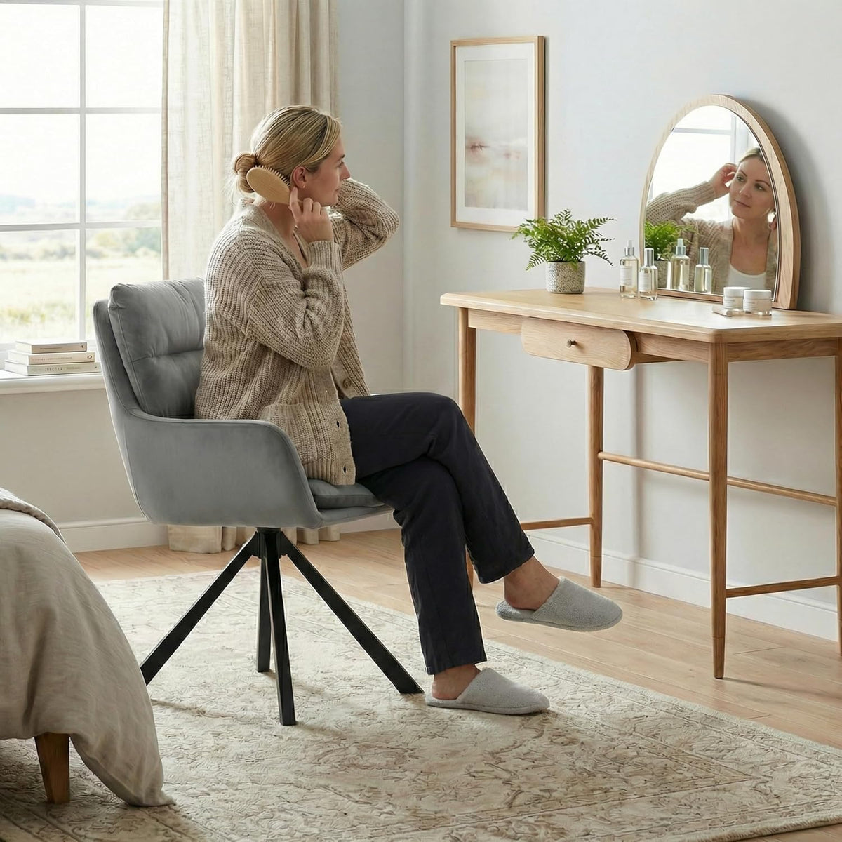 Eetkamerstoel 360° draaibaar fluweel met armleuningen, set van 1 comfortabele gevoerde keuken met dubbele rugleuning en afneembaar kussen, moderne draaistoel voor woonkamer, kantoor