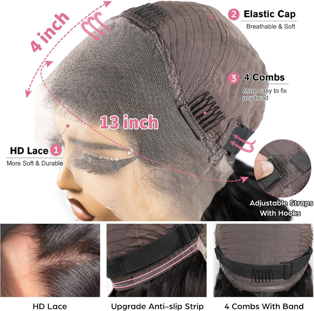 Damespruik van echt haar – Zwarte pruik – Echthaarpruik – Kanten front pruik – Body wave pruik – Lijmloos – 180% dichtheid