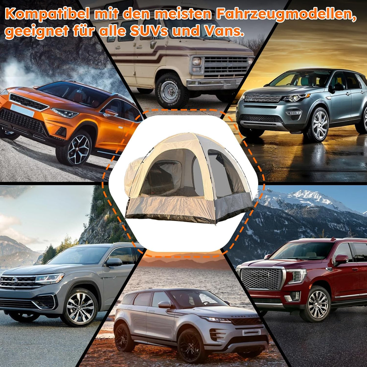 6-Persoons Auto Tent met Waterdicht Dak, Grote Autotent Voor SUV 300x300x220 cm, met 3000 mm waterkolom. Polyester Achtertent Voertuig, Perfect Voor Kamperen/Autoreizen/Festivals.