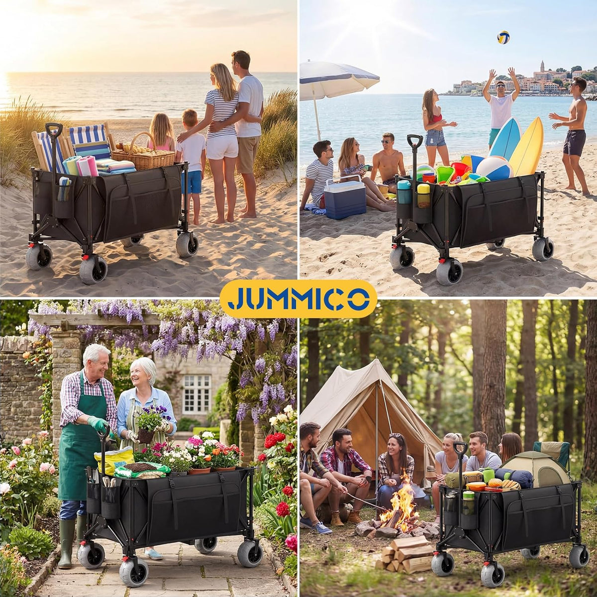 JUMMICO Opvouwbare trolley voor alle terreinen, 200 l, met parkeerrem, 150 kg, afneembare PU-wielen en verstelbare handgreep, zijtas 25 l, robuust, voor strand, park, winkelen, camping
