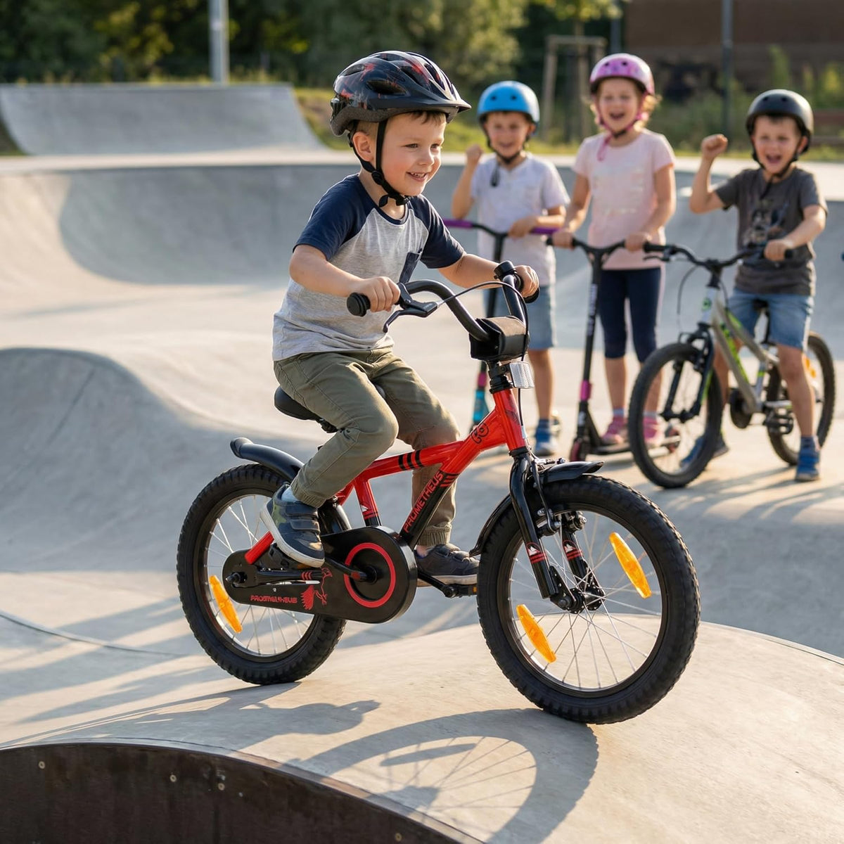 PROMETHEUS BICYCLES Kinderfiets, 16 inch vanaf 5 jaar, kinderfiets, meisjes, jongens, fiets met steunwielen, terugtraprem, in rood/zwart