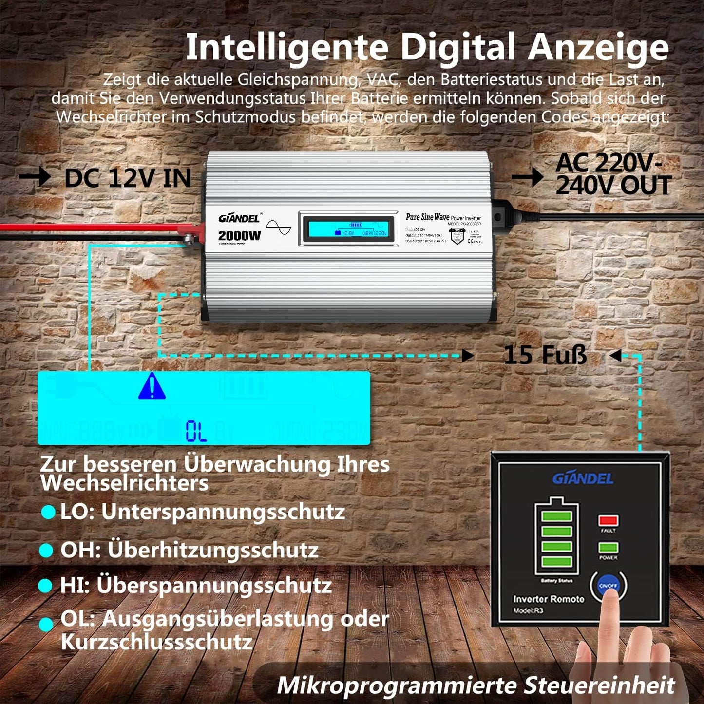 GIANDEL 2000 W zuivere sinus omvormer, DC 12 V naar AC 230 V, spanningsomvormer compatibel met LiFePO4-batterij, Power Inverter met 2 x 2,4 A USB en afstandsbediening en LCD-display voor