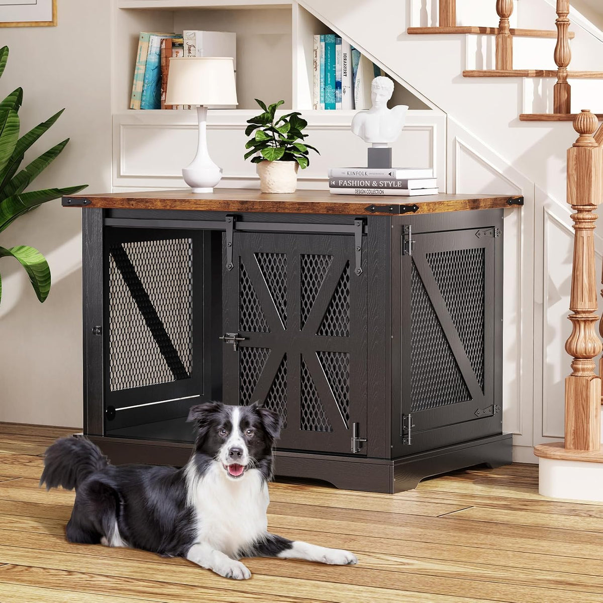 Hondenbench, meubel, 100 cm, hondenbox, driedeurige hondenbench, schuifdeuren, moderne hondenkamer voor binnen, voor kleine en middelgrote honden, versterkte constructie, 100 x 65 x 67 cm, zwart
