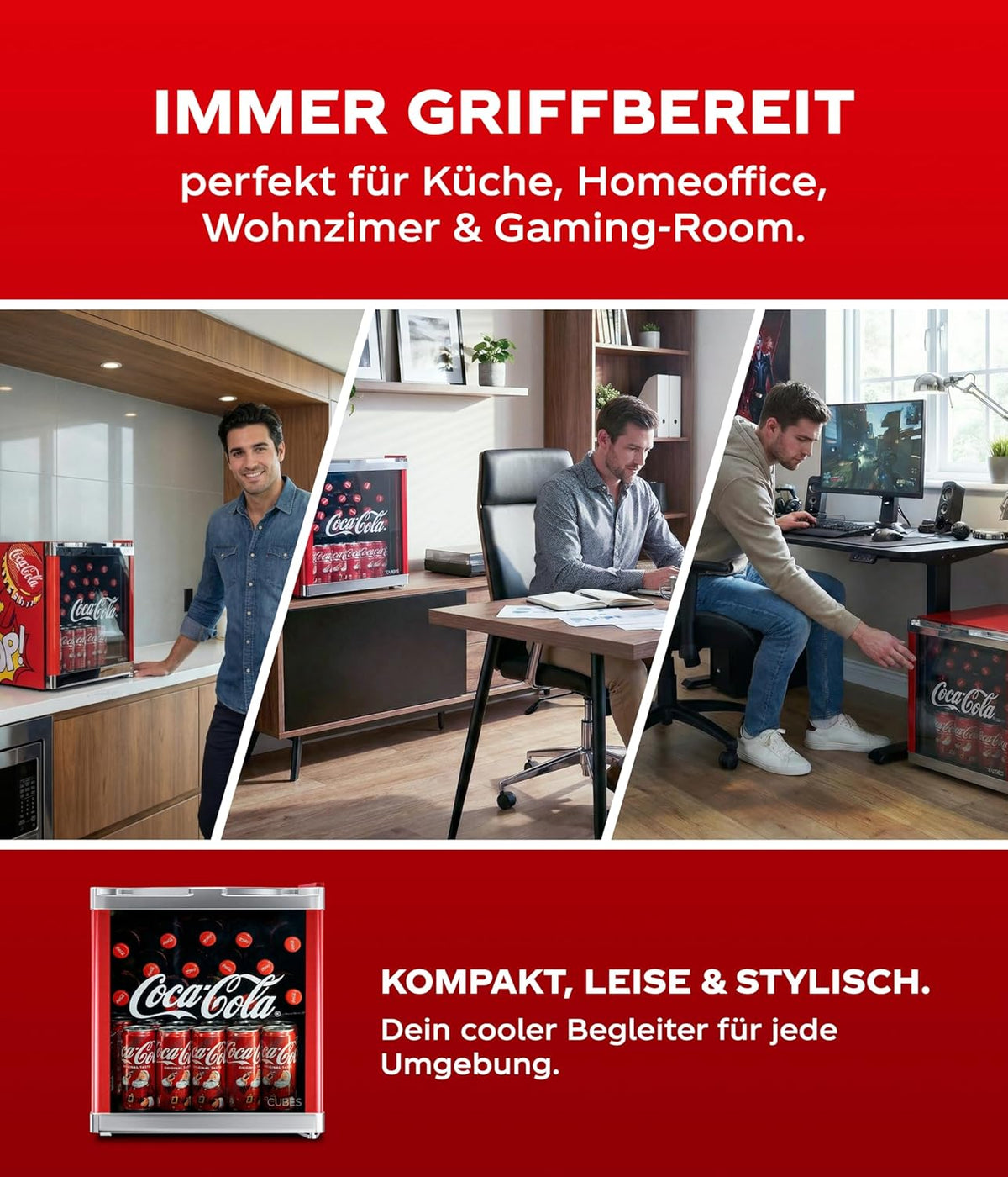 °CUBES Originele Coca-Cola PopArt mini-koelkast, rood, 48 liter, drankkoelkast met glazen deur, stil en energiezuinig, perfect voor kantoor, feestjes en gaming, coole flessenkoelkast, voor dranken