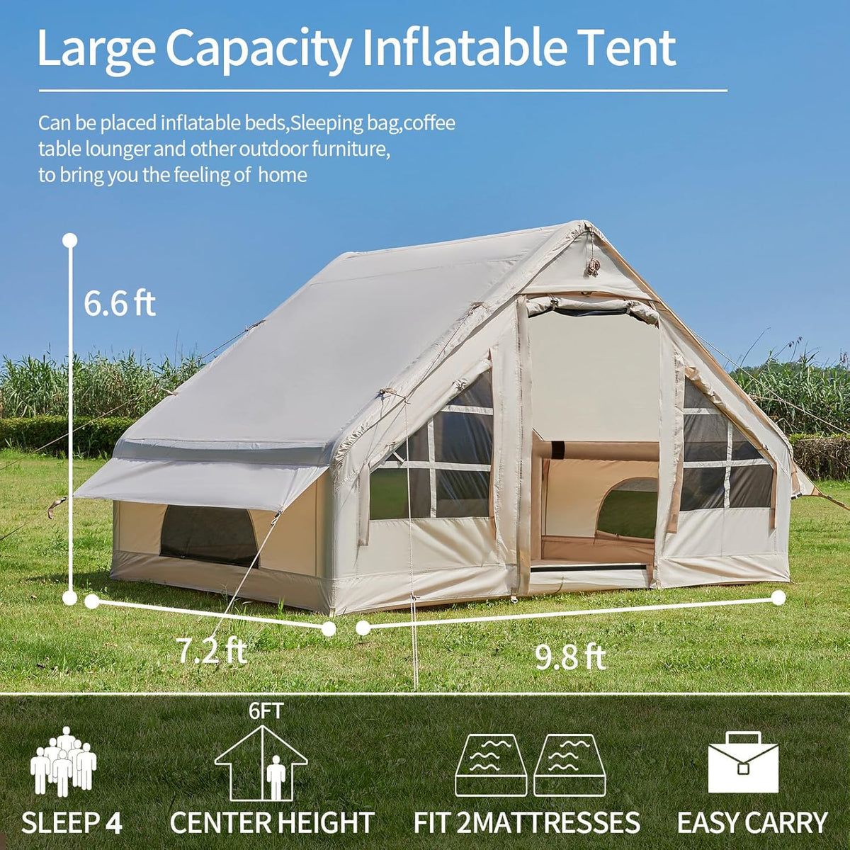 Opblaasbare tent met pomp, 4-6 personen, glamping, campingtenhuis, eenvoudige installatie, waterdichte familietenten voor 4 seizoenen, water- en winddicht, opblaasbare campingtent met gaasvensters