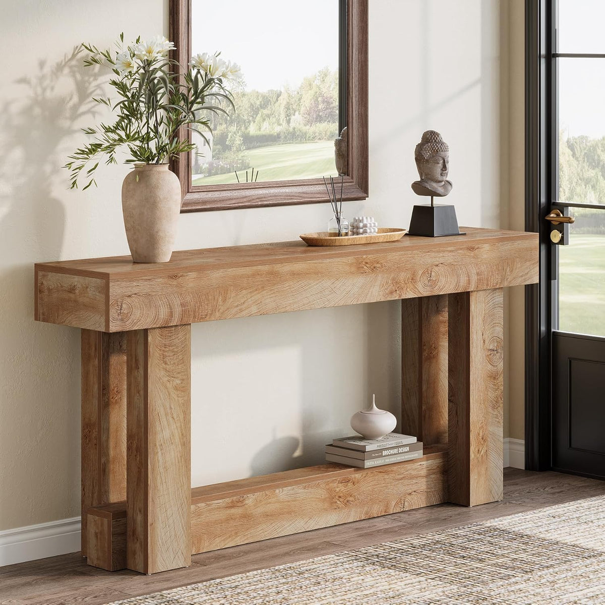 Tribesigns 160 cm Console Table, 2 Tier Halter Table, Rectangular Wooden Side Table Behind the Sofa, Farmhouse Wood Rear for Hallway, Living Room, Light Brown Oak
