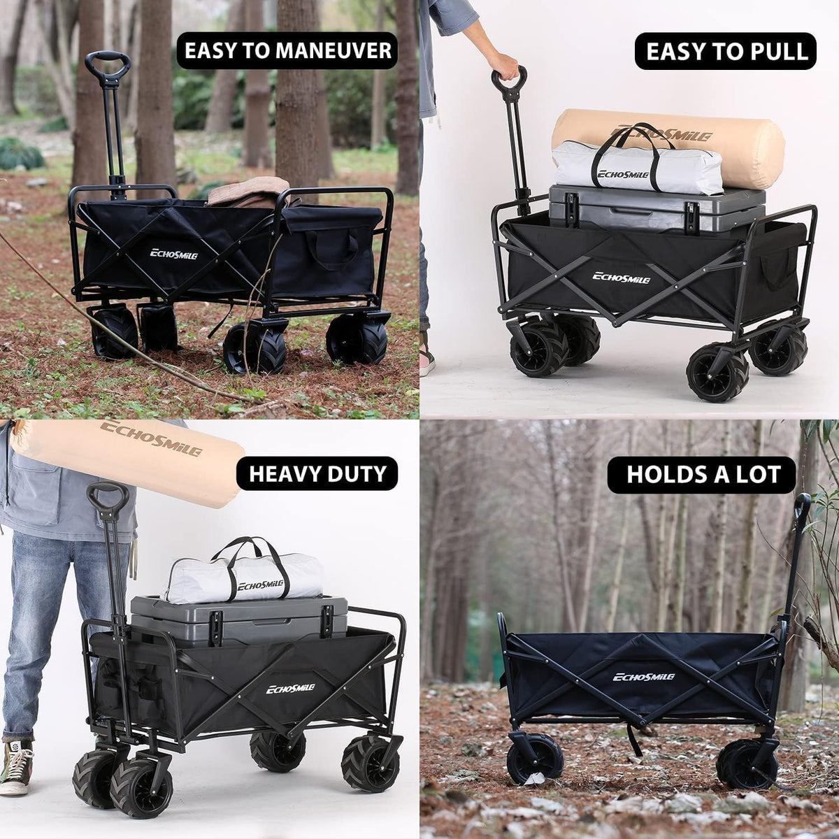 EchoSmile Bolderkar, opvouwbaar, 200 l, 160 kg, handwagen, transportwagen, inklapbaar met verstelbare handgreep en zijzakken, brede wielen, voor alle terrassen, strandwagen, tuinwagen, winkelwagen