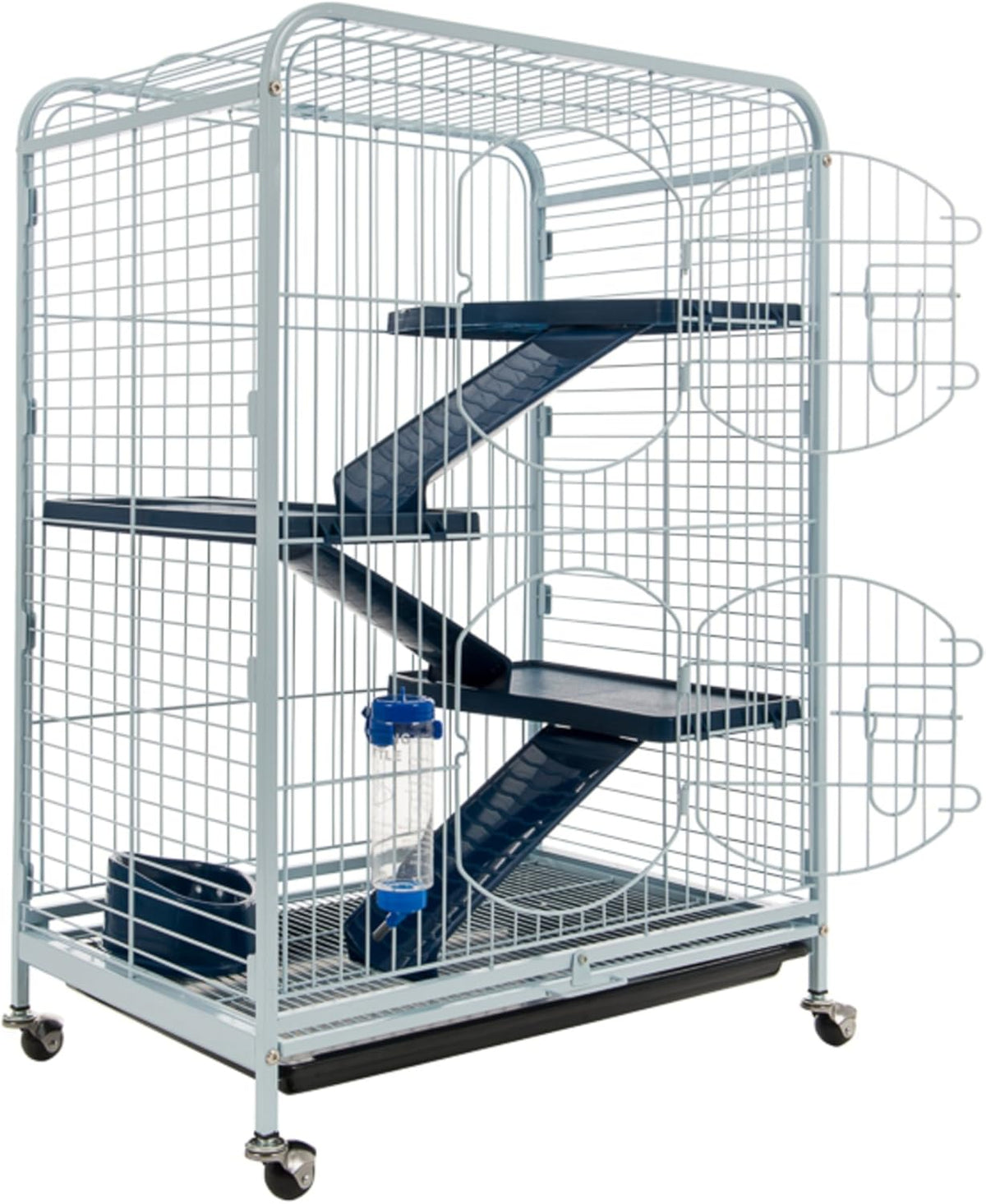 Tyrol Kooi-toren uitgerust voor chinchilla's, cavia's, fretten, verticale vorm, op wielen, 3 verstelbare platforms, wit en blauw