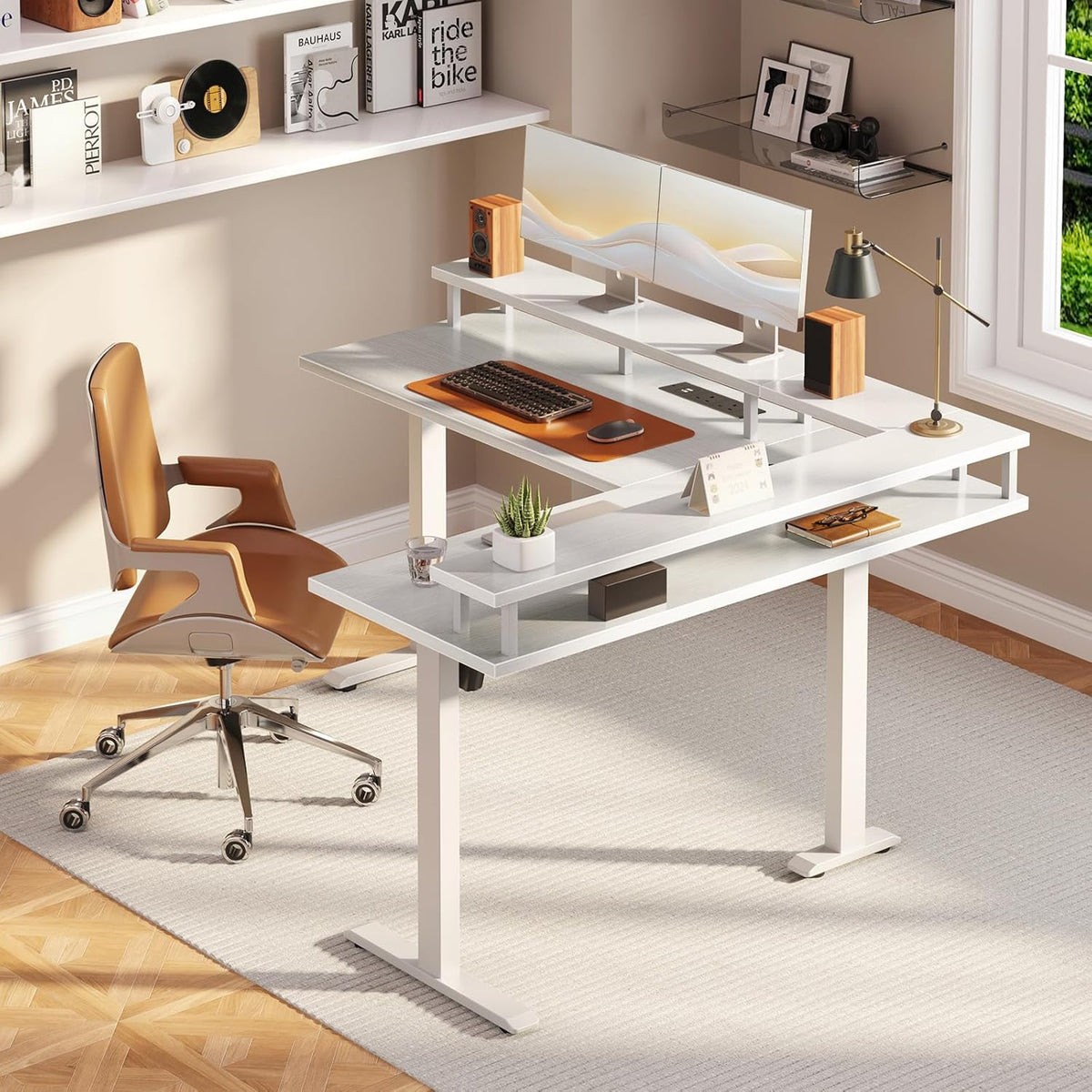 OffiGo Hoekbureau in Hoogte verstelbaar, 150x120cm Elektrisch Staand Bureau met Stopcontact, Standing Desk L-vorm met Monitorstandaard, Wit