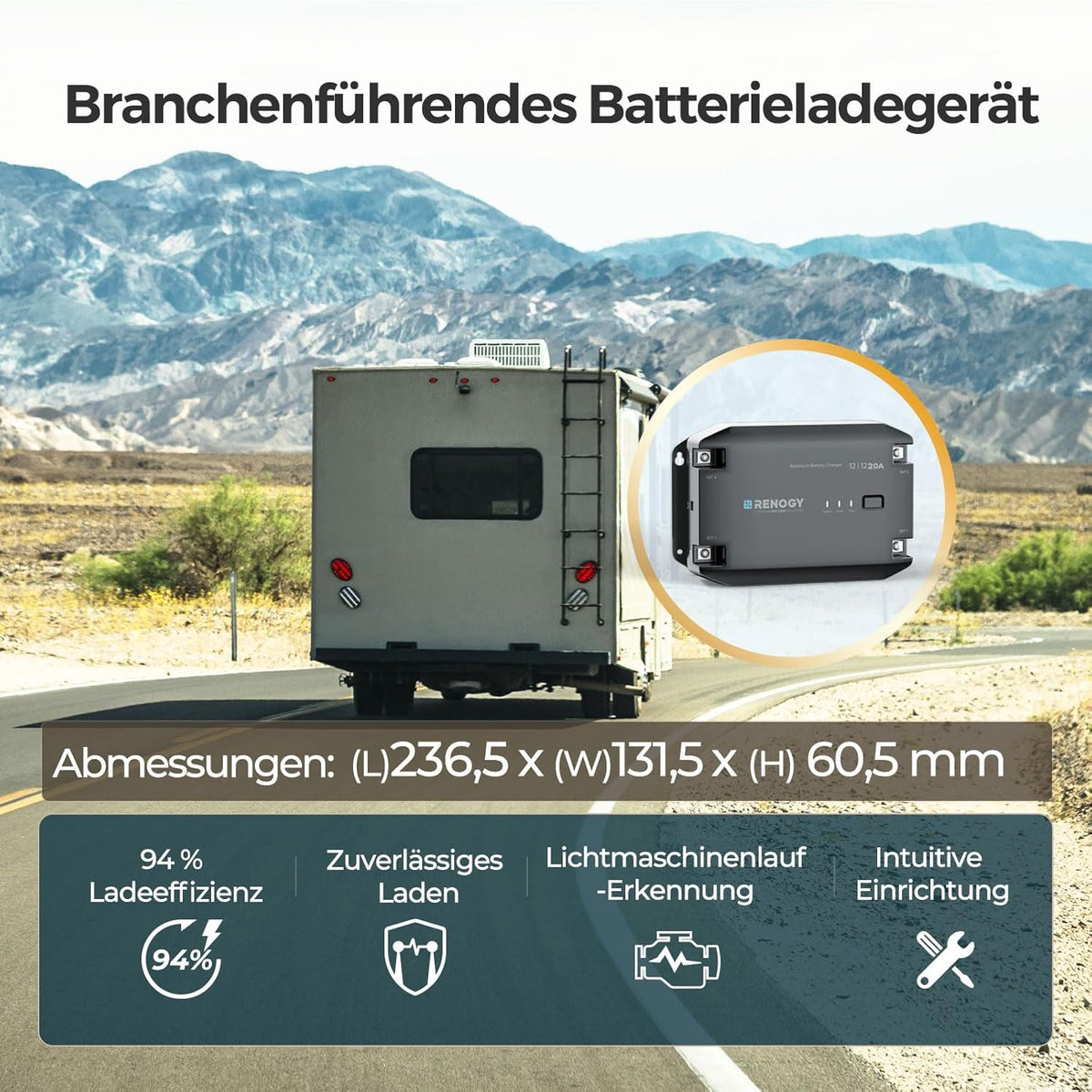 Renogy DC to DC Battery Charger, 12V 20A, Intelligent DCDC Battery Charger, Solar Charge Controller for Floodlights, Gel AGM Lithium Batteries for Motorhomes, Trucks, Commercial Vehicles - QUORE