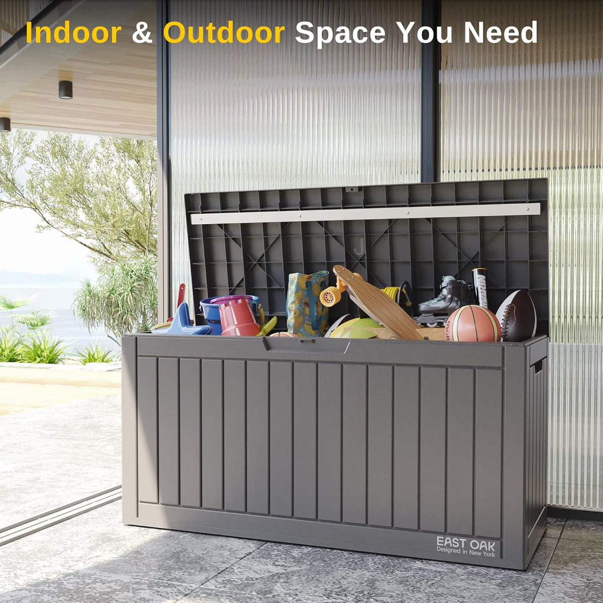 EAST OAK 60 gallon grote dekbox, outdoor opbergdoos met hangslot voor terrasmeubels, terraskussens, tuingereedschap, zwembadbenodigdheden, waterdicht en UV-bestendig, grijs (DB23001)