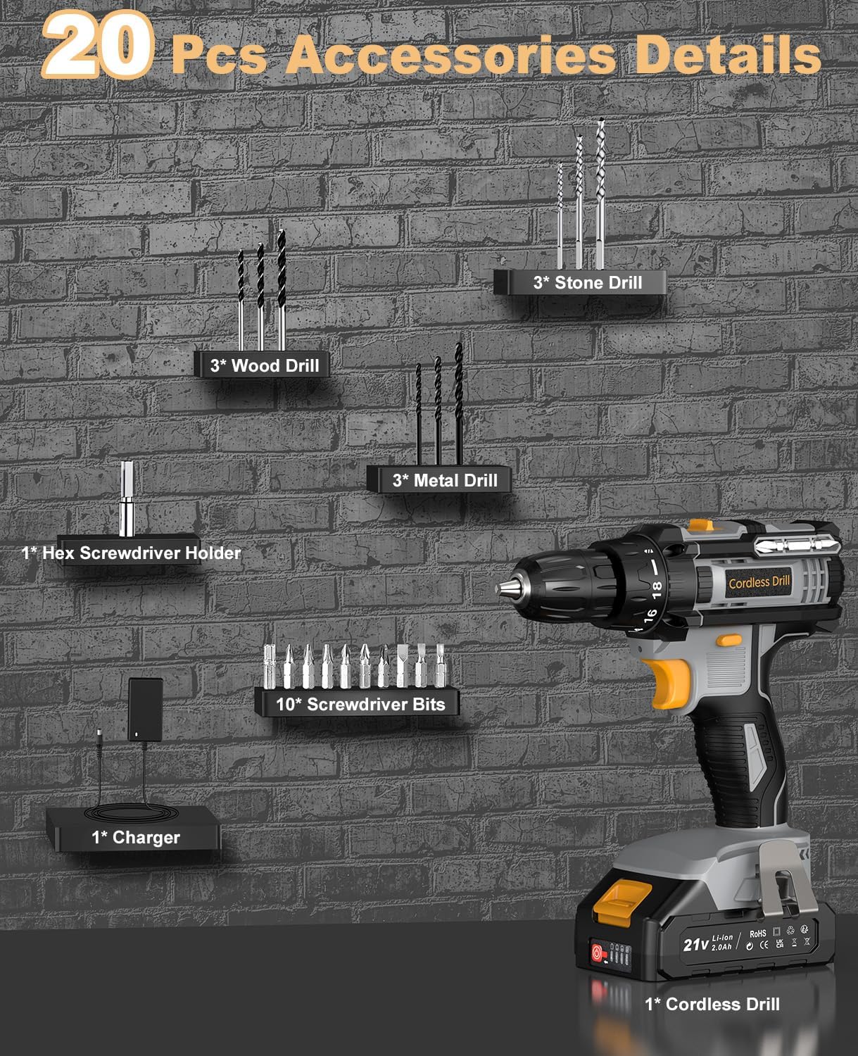 Accuschroevendraaier, 21 V accuschroefboormachine met 2,0 Ah accu, accuboor 10 mm boorhouder, 2 versnellingen, 18 + 1 draaimomentniveaus, 21-delige accessoireset, led-licht voor tuin, reparatie