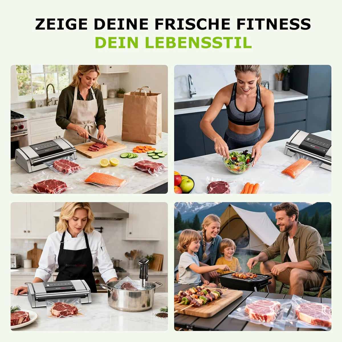 Bonsenkitchen Vacuümmachine, 15 l/min, met zakclip, greepvergrendeling en geïntegreerde snijder, voor vacuüm koken en bereiden van levensmiddelen, snelle afdichting met hoge prestaties, VS5100