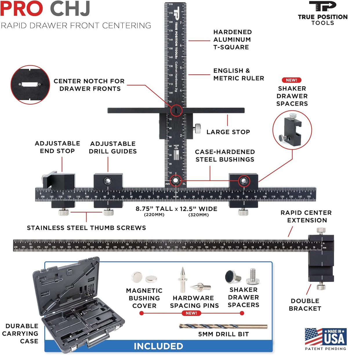 True Position Tools Originele cabinet hardware jig met verlengde liniaal voor Rapid Drawer Centering - verstelbare boorgids voor installatie van deur- en ladeknoppen en handgrepen TP-1934E