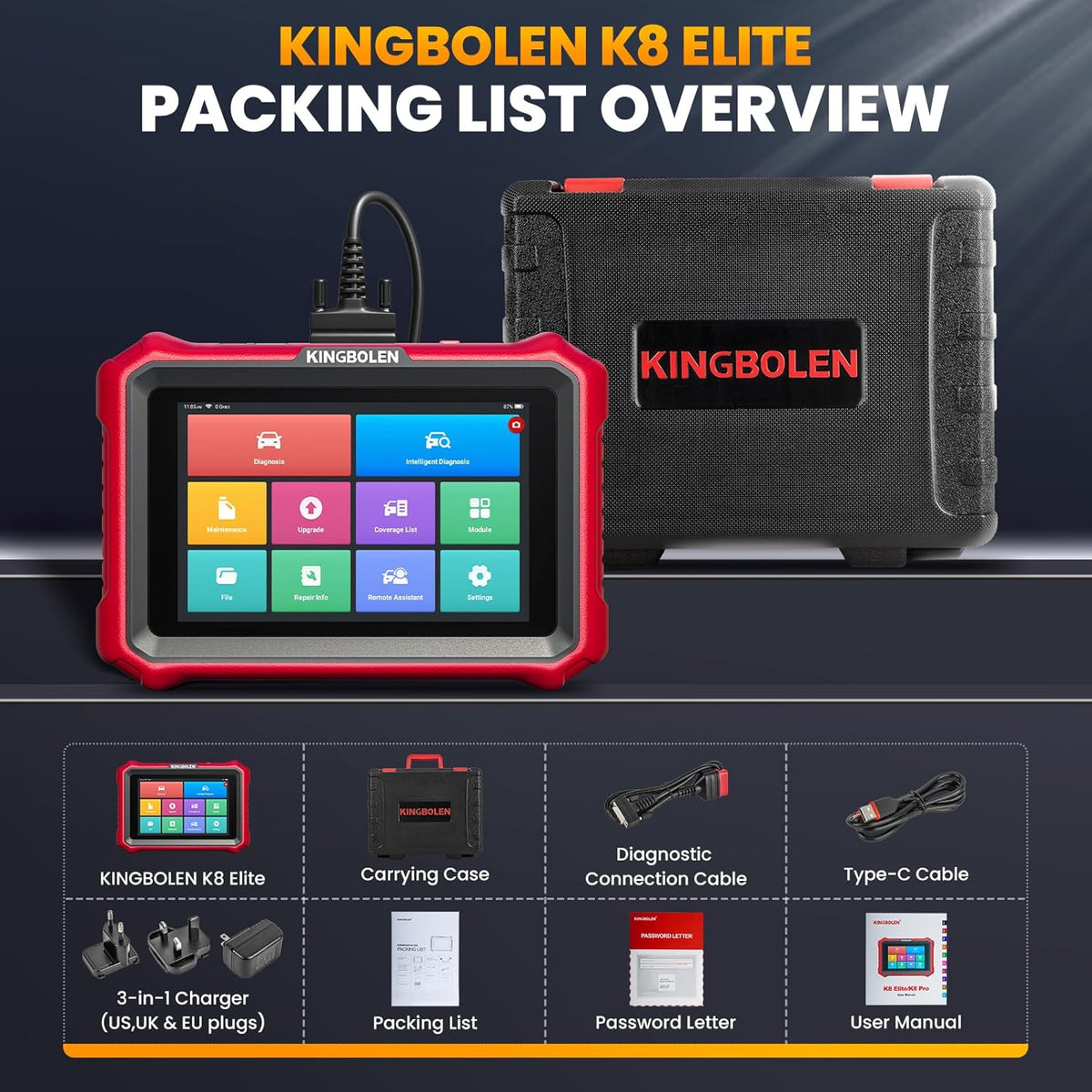 KINGBOLEN K8 Elite OBD2 Scanner, Bi-Directioneel Scangereedschap Met ECU Codering, 42+ Reset Service, Gratis V.A.G Gids, Auto Diagnostisch Gereedschap Voor Alle Systemen Levenslang Gratis Update, FCA