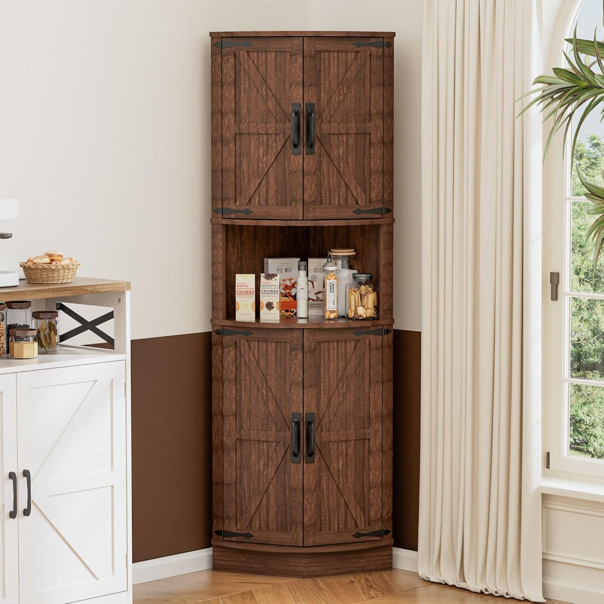 Keukenkast, hoog model, hoekkast, smal badkamerkastje, hoekrek met 4 deuren en 5 legplanken, 165 cm opbergkast van hout, hoge kast voor keuken, woonkamer, eetkamer, bruin