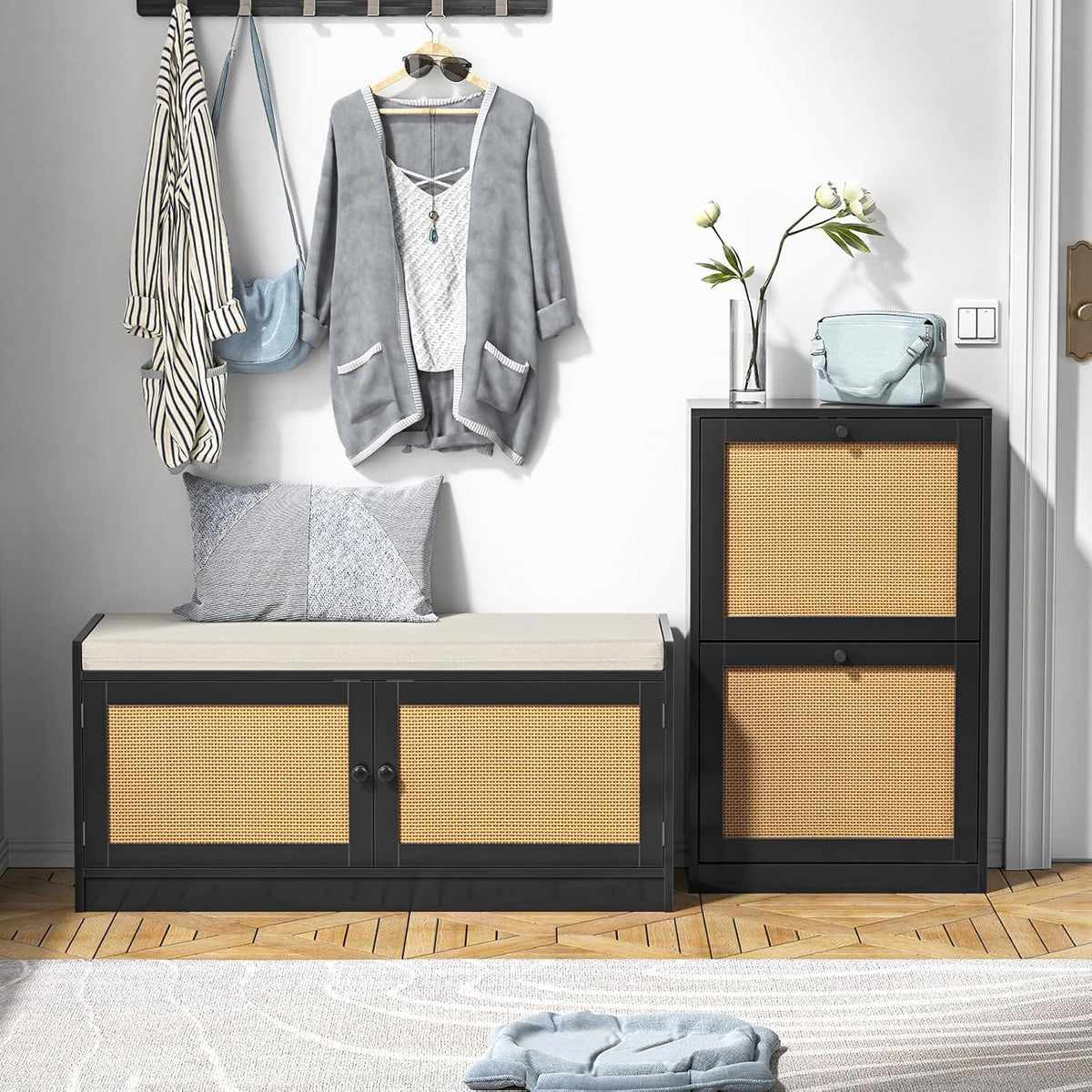 Schoenenkast – Schoenenrek – Schoenopbergkast – Schoenendisplay – Smalle Schoenenkast – Natuurlijk Rattan – Verstelbare Planken – Compact 51x23x84 cm – Wit
