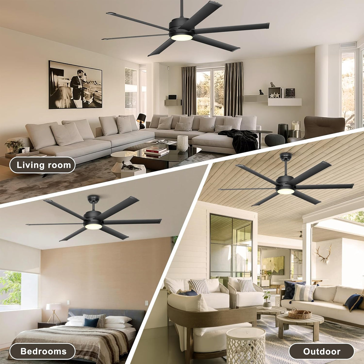 Ohniyou Plafondventilator met licht, industriële plafondventilator, 152,4 cm, met afstandsbediening en app, dimbaar, gelijkstroommotor, grote plafondventilator voor terras, woonkamer, zwart