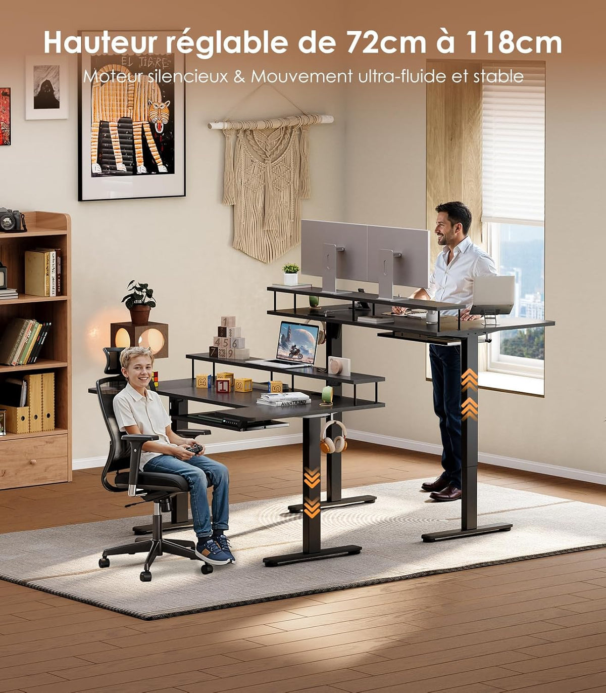 OffiGo U-Shaped Height Adjustable Desk, 140 cm, Electric Standing Table with Monitor Stand, Sockets and USB Charging Port, Standing Desk with LED, Gaming and Office, Computer Table, Black - QUORE