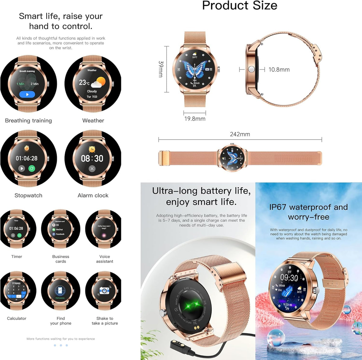Smartwatch voor Damen met Bluetooth Bellen, 3 Armbanden, 1,09" Slimme Horloge, IP68 Waterdicht Sporthorloges, Hartslagmeter, SpO2, Slaapmonitor, Fitnesstrackerhorloge voor Android/iOS (Goud)