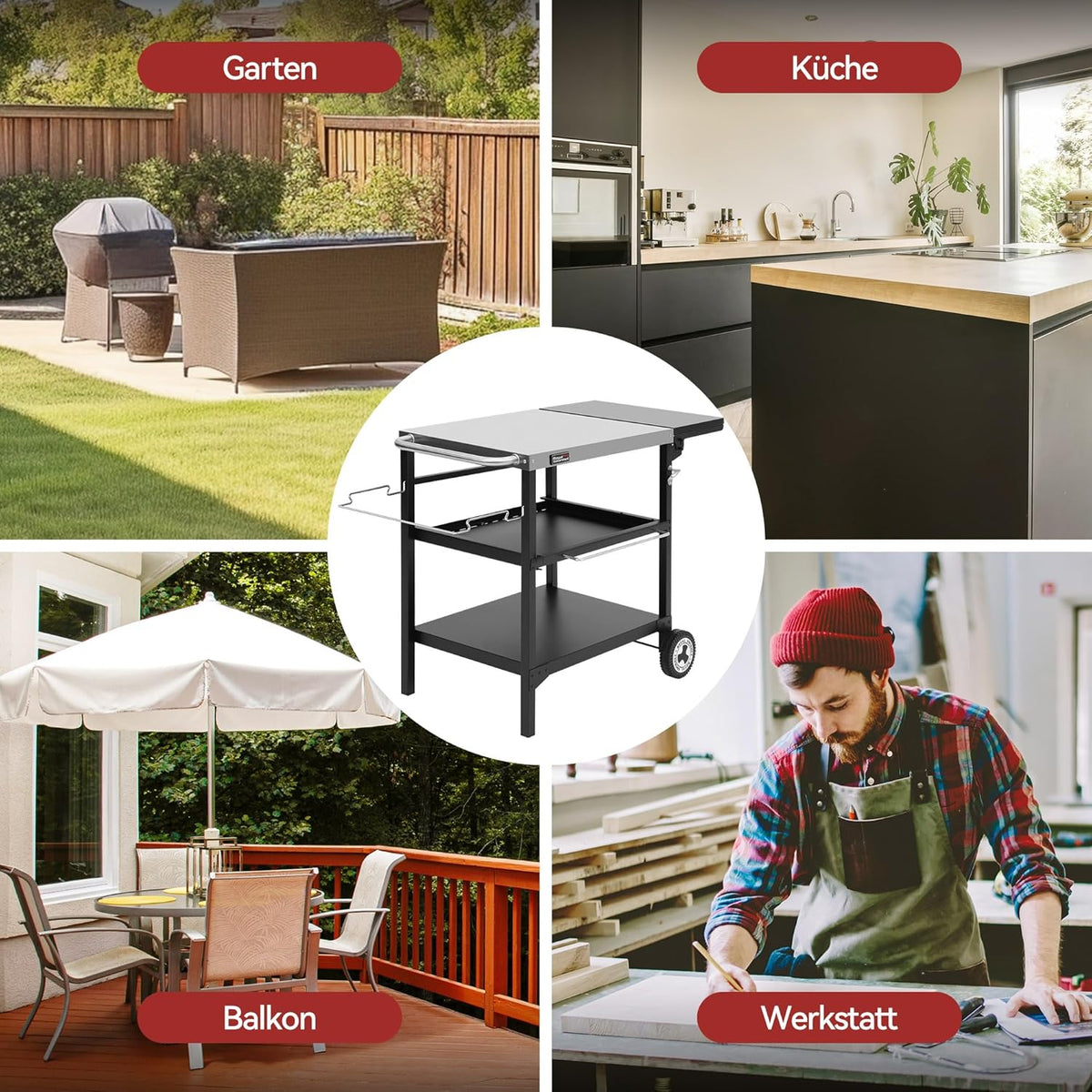Royal Gourmet Outdoor grilltafel, 3 etages, serveerwagen met 70 x 50 cm roestvrij stalen tafelblad en 30 x 50 cm inklapbaar zijplank, bijzettafel, barbecuetafel, tuintrolley met push-pull-rek