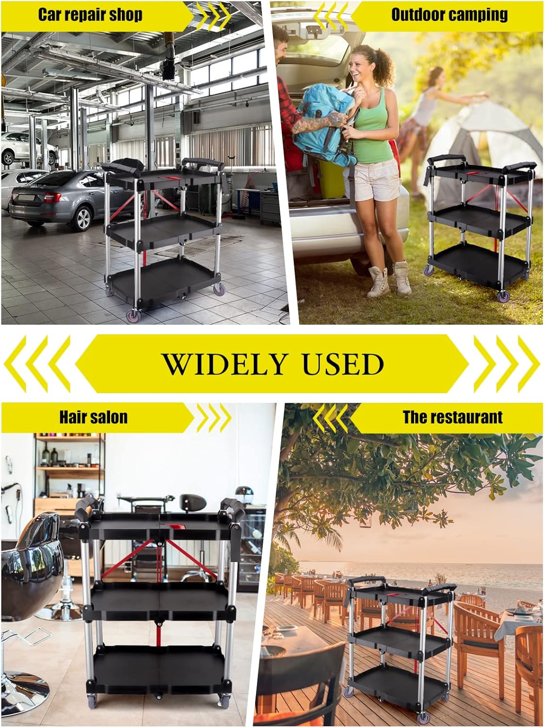 Opvouwbare servicekar met 3 niveaus – Opbergwagen – Serveerwagen – Trolley – Rollende kar – Compact opvouwbaar tot 19 cm – Draagvermogen 74,8 kg