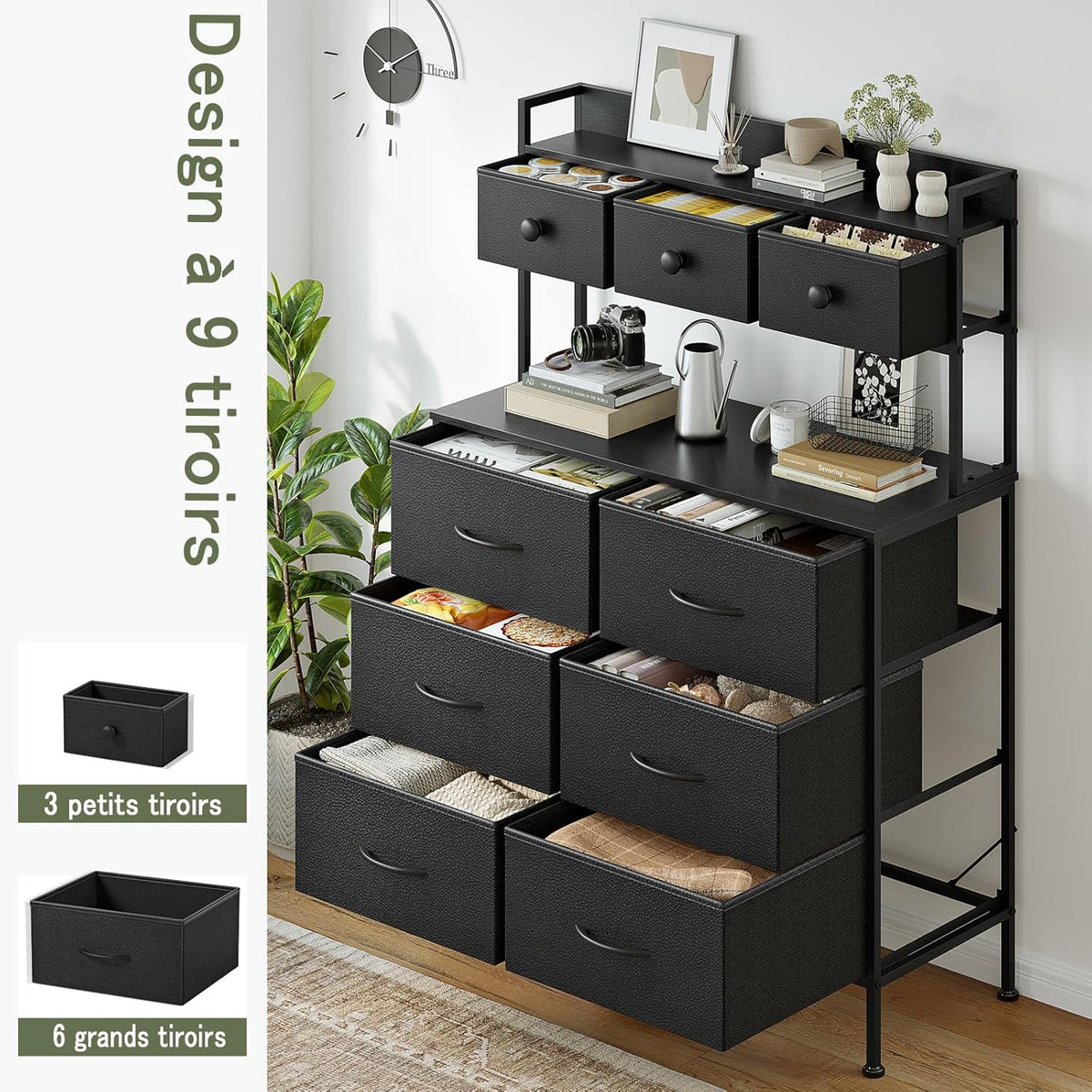 Commode, Opbergkast, Commode met Laden, Ladekast met Handvatten, Commode Kast met Houten Blad en 9 Lades, Kleerkast voor Slaapkamer, Zwart
