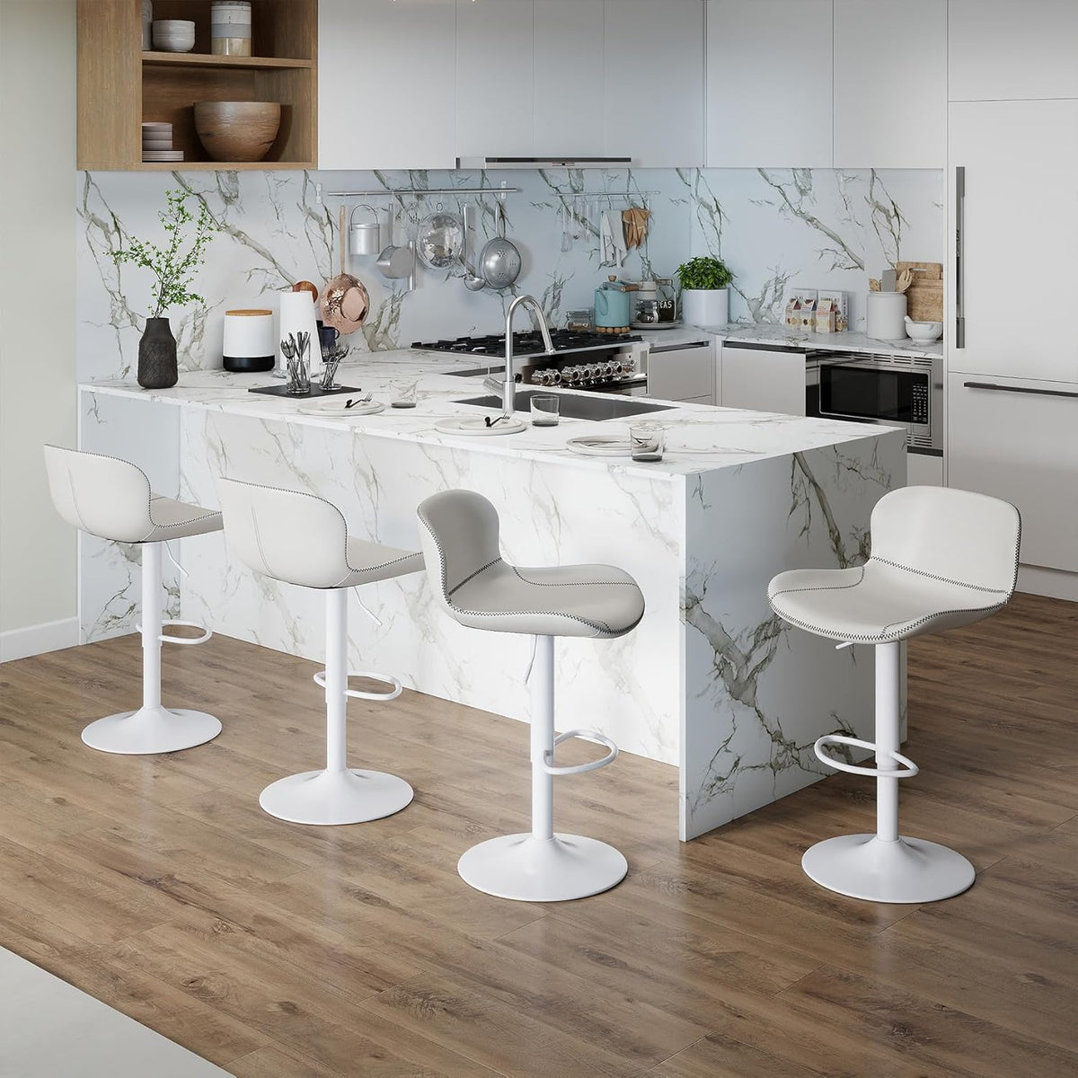 Youhauchair Barkruk, 2-delige set, in hoogte verstelbaar, van PU-leer, waterdicht en slijtvast, met rugleuning, draaibare barkruk, modern, wit