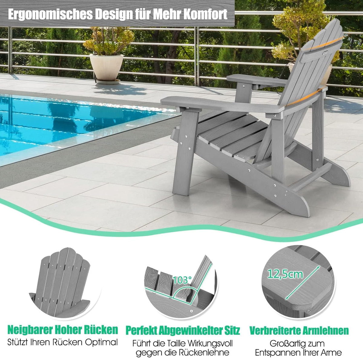 FANTASK Adirondack stoel met bekerhouder, weerbestendige tuinstoel, tuinstoel van kunststof, 170 kg draagvermogen, lichtgrijs