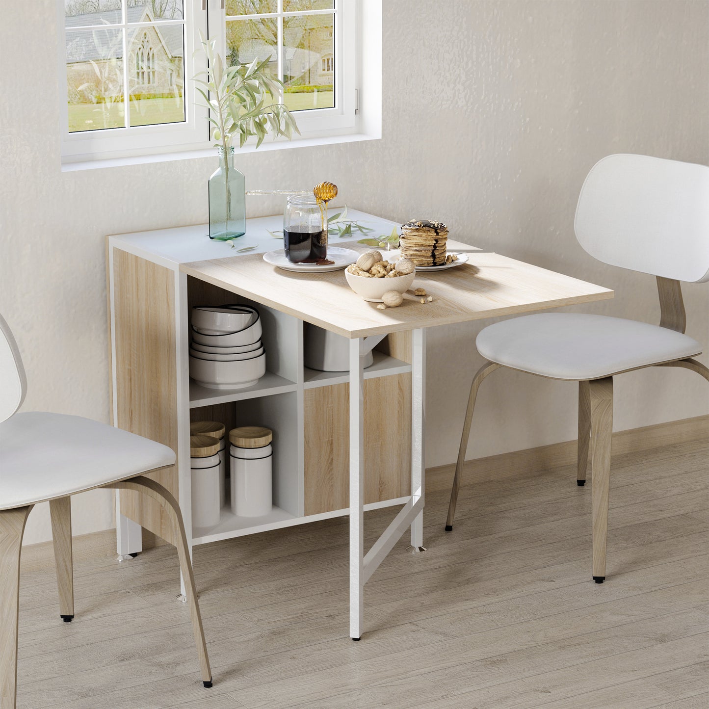 Zijdelingse Tafel – Opklapbare Tafel – Bijzettafel – Eettafel – Werktafel – Ruimtebesparend Ontwerp – MDF Tafelblad Met Eikenlook Natuurlijk Wit Frame 169x60x75 cm