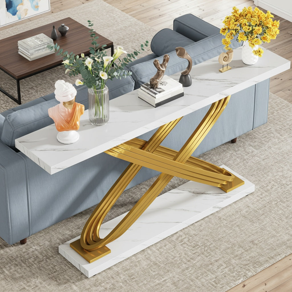Moderne Sidetable – Console Tafel – Haltafel – Sofa Tafel – Smalle Tafel – Gouden Metaal Frame – Kunstmarmeren Blad – 139,7 cm – Verstelbare Hoogte