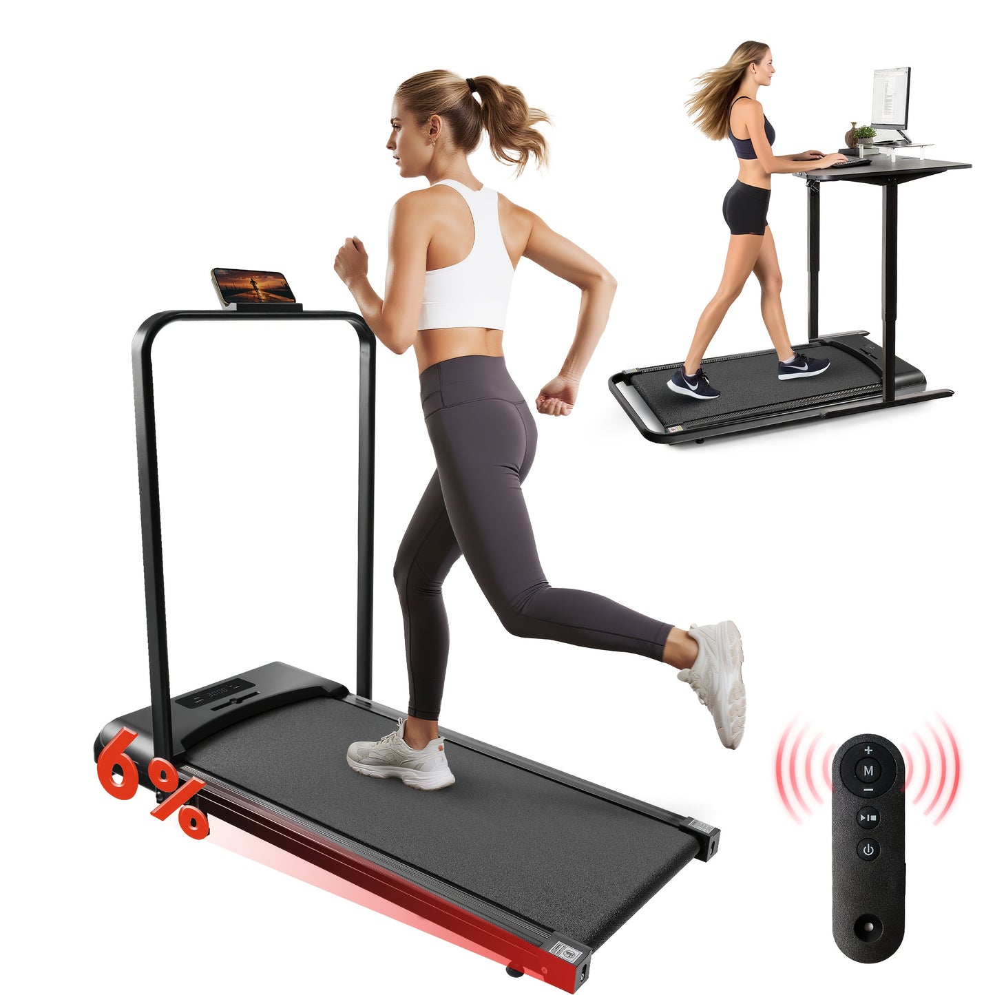 Loopband – Treadmill – Loopapparaat – Fitnessband – Wandelmachine – 2-in-1 Met Armleuningen – 6% Helling – Stil En Compact – Afstandsbediening – Zwart