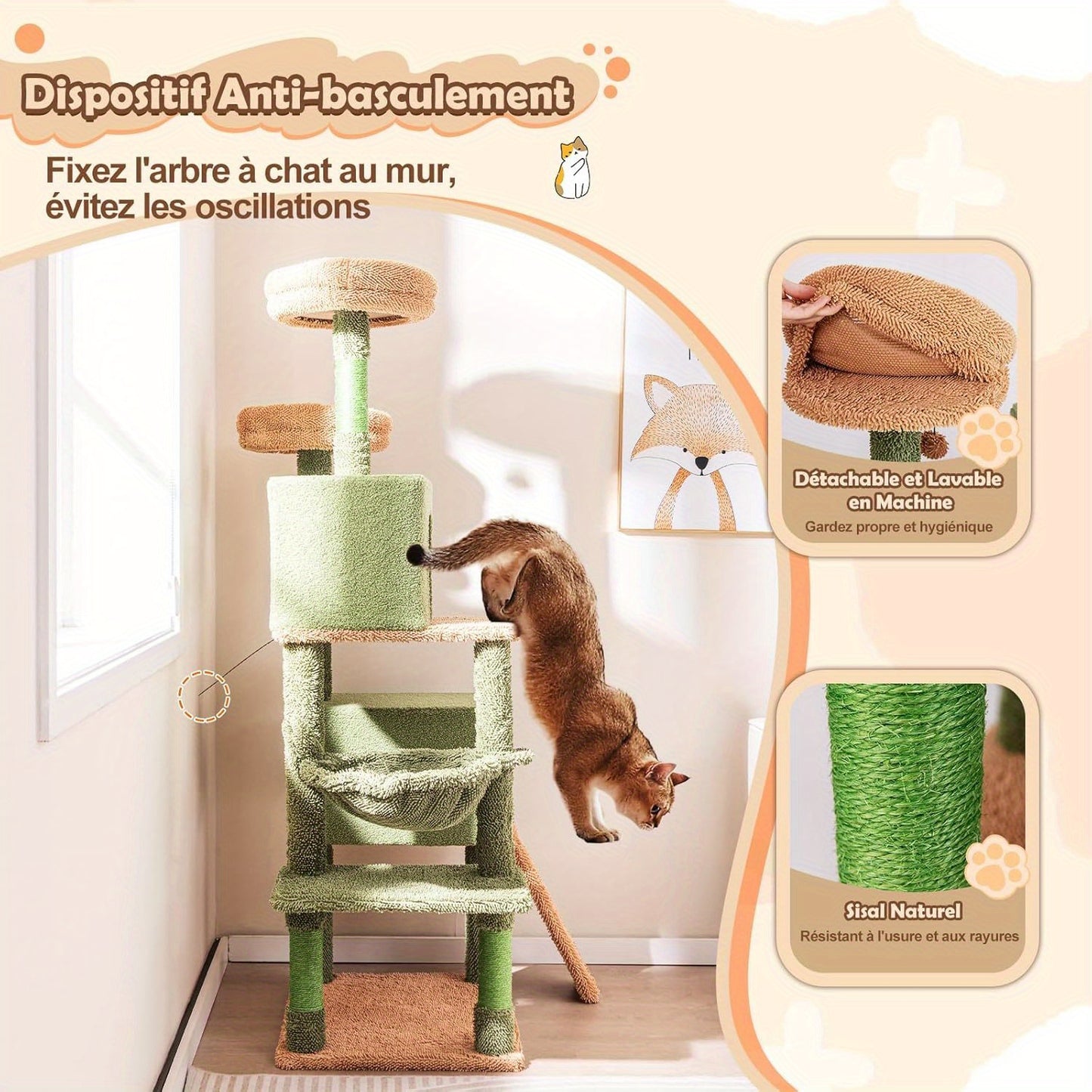 Krabpaal – Kattenboom – Krabmeubel – Kattentoren – Kattenhuis – Cactusvorm – 152 cm Hoog – Met Hangmat en Sisal Krabpalen