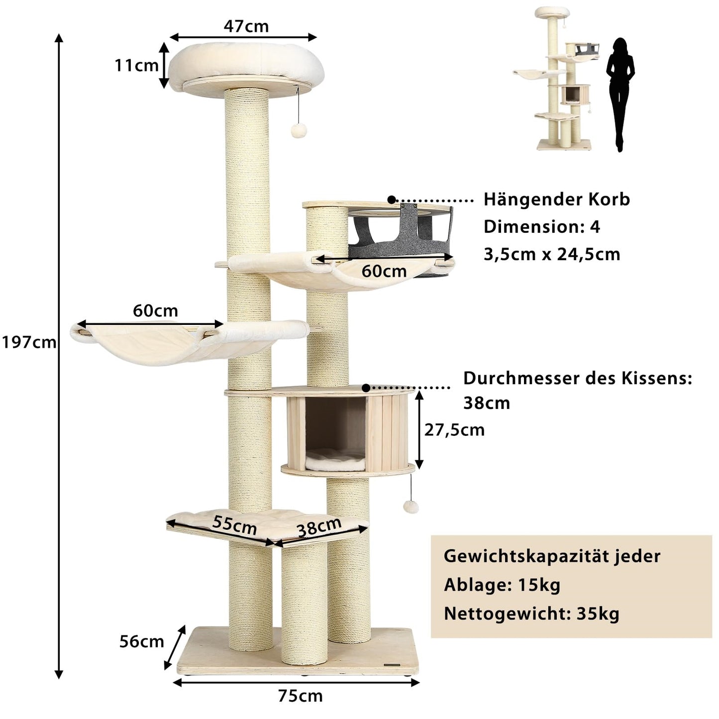 Krabpaal – Kattenkrabpaal – Kattenboom – Kattenhuis – Krabmeubel – 7 Niveaus – 197 cm Hoog – Inclusief Hangmat, Grot en Speelballen – Beige – Massief Hout & Sisal Bekleding