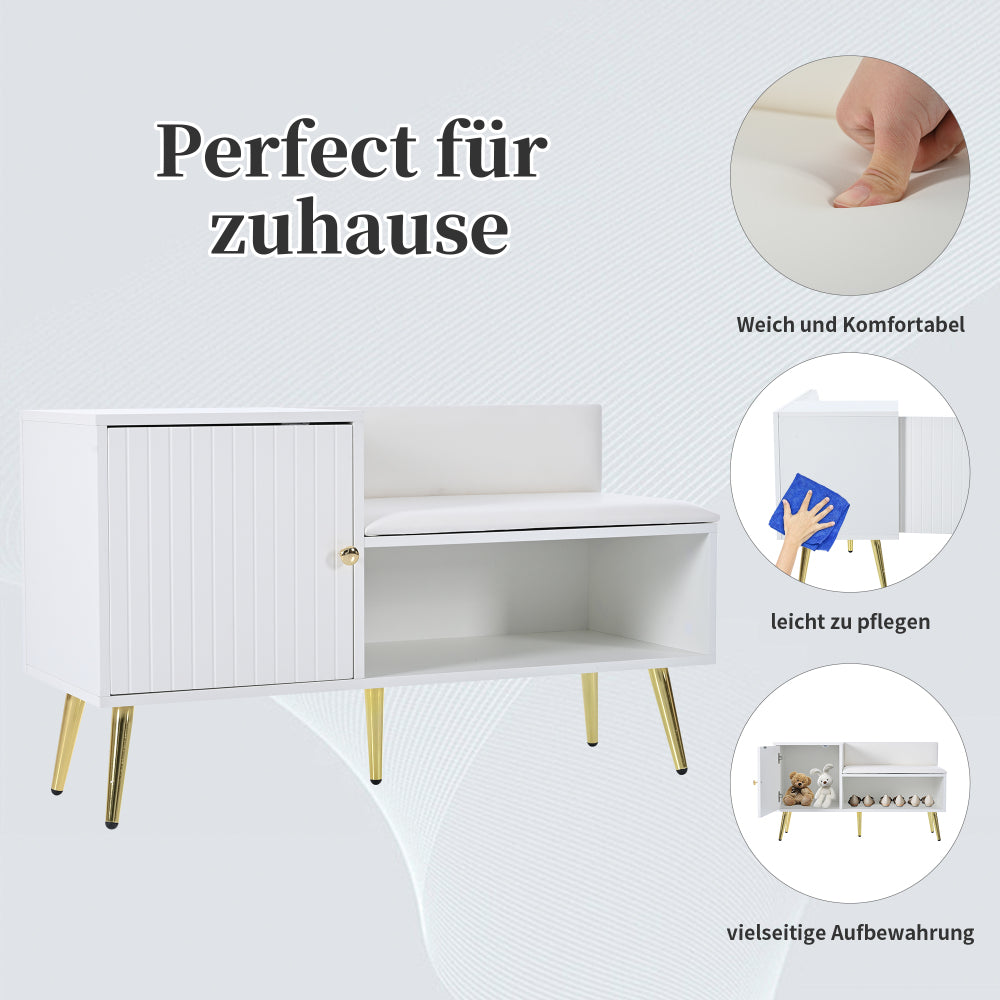 Schoenenbank – Schoenenkast – Schoenenrek – Halbank – Opbergmeubel – Wit Met Gouden Accenten – Comfortabel Gestoffeerd Zitvlak – Stevig Metalen Onderstel