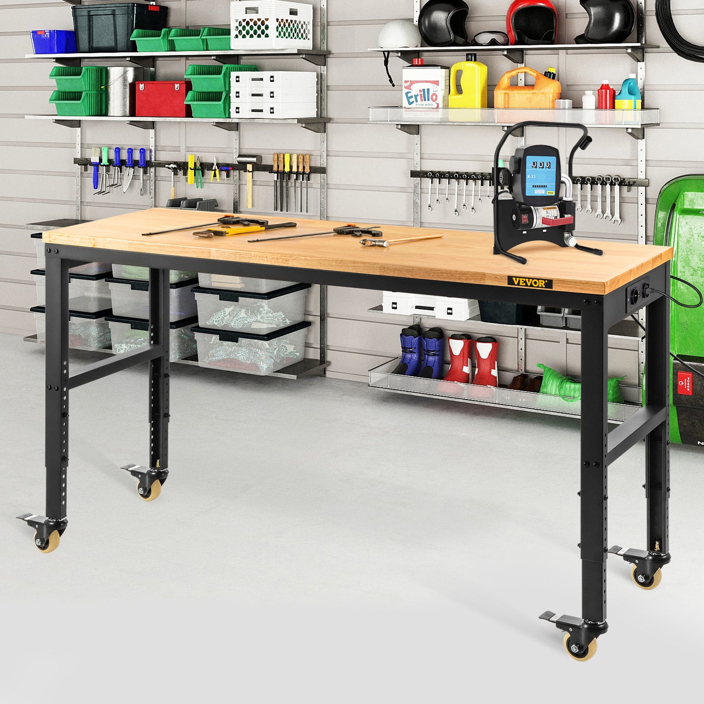 Werkbank – Werktafel – Klusbank – Verstelbare Werkplek – 122x61 cm – Massief Hardhout Werkblad – Ingebouwd Stopcontact & PU Zwenkwielen