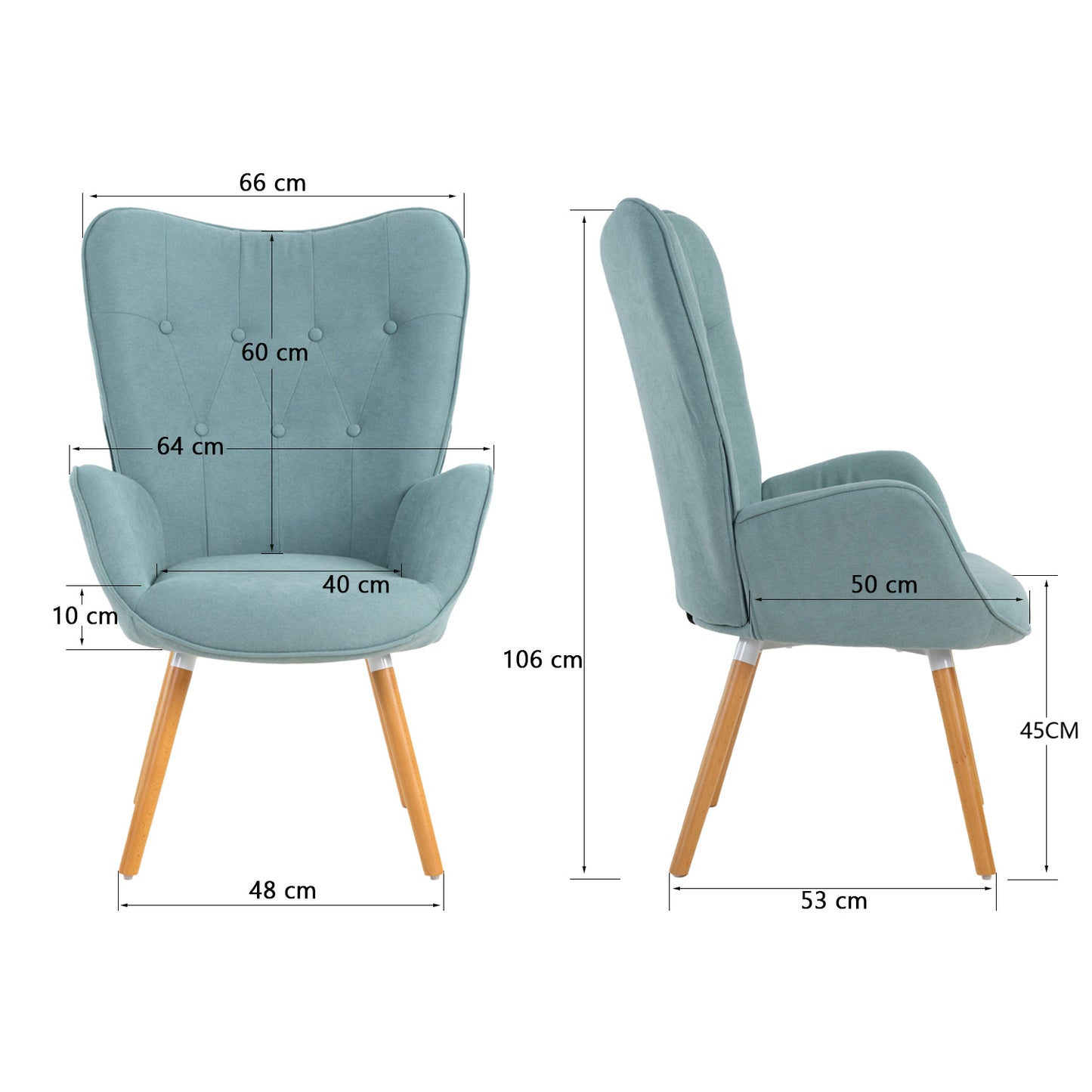Nordic fauteuil – armstoel – loungestoel – zetel – relaxstoel – groen katoenen bekleding – metalen frame met houten poten – 66x71x109 cm