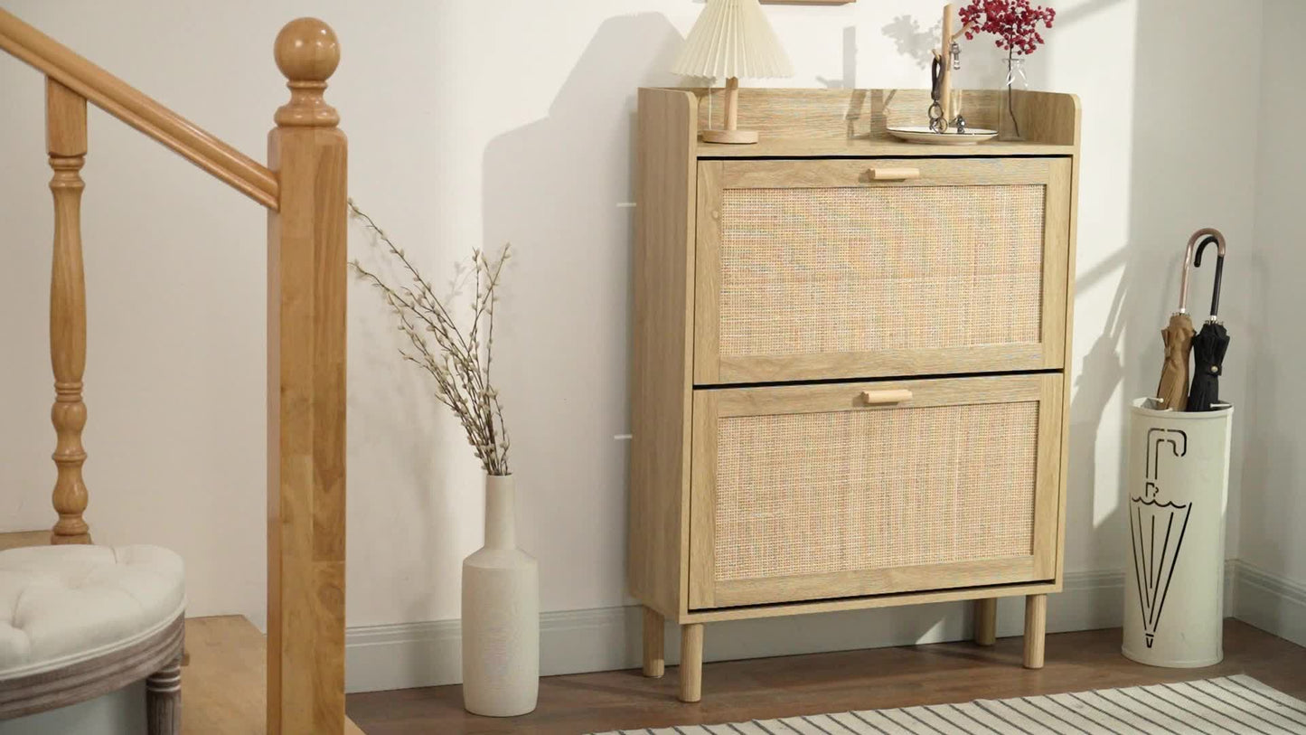 HOMCOM Shoe Rack 2-Door Cabinet 12 Pairs, Woven Rattan Effect Bohemian Design - Dimensions: 80L X 24.5W X 110H Cm Natural