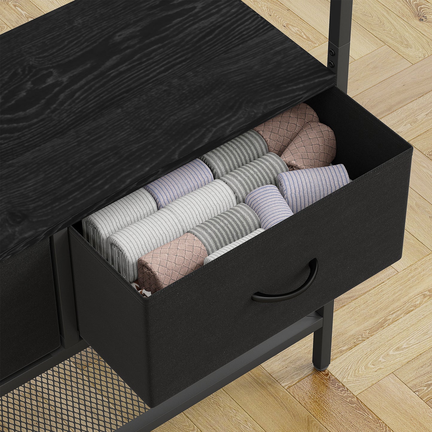 Kledingrek – Garderoberek – Kapstok – Kledingstandaard – Dressboy – Industrieel Design – Metaal – 2 Stoffen Lades – 8 Haken – Schoenenrek – Zwart – 80x30x180 cm – Stevig & Ruimtebesparend